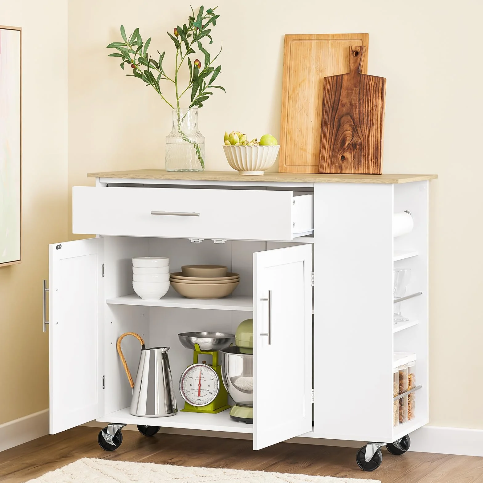 SoBuy Wyspa Kuchenna na Kółkach Mobilny Wózek Kuchenny z Szufladą Regulowaną Półką Biały 99x40x85 cm FKW133-WN