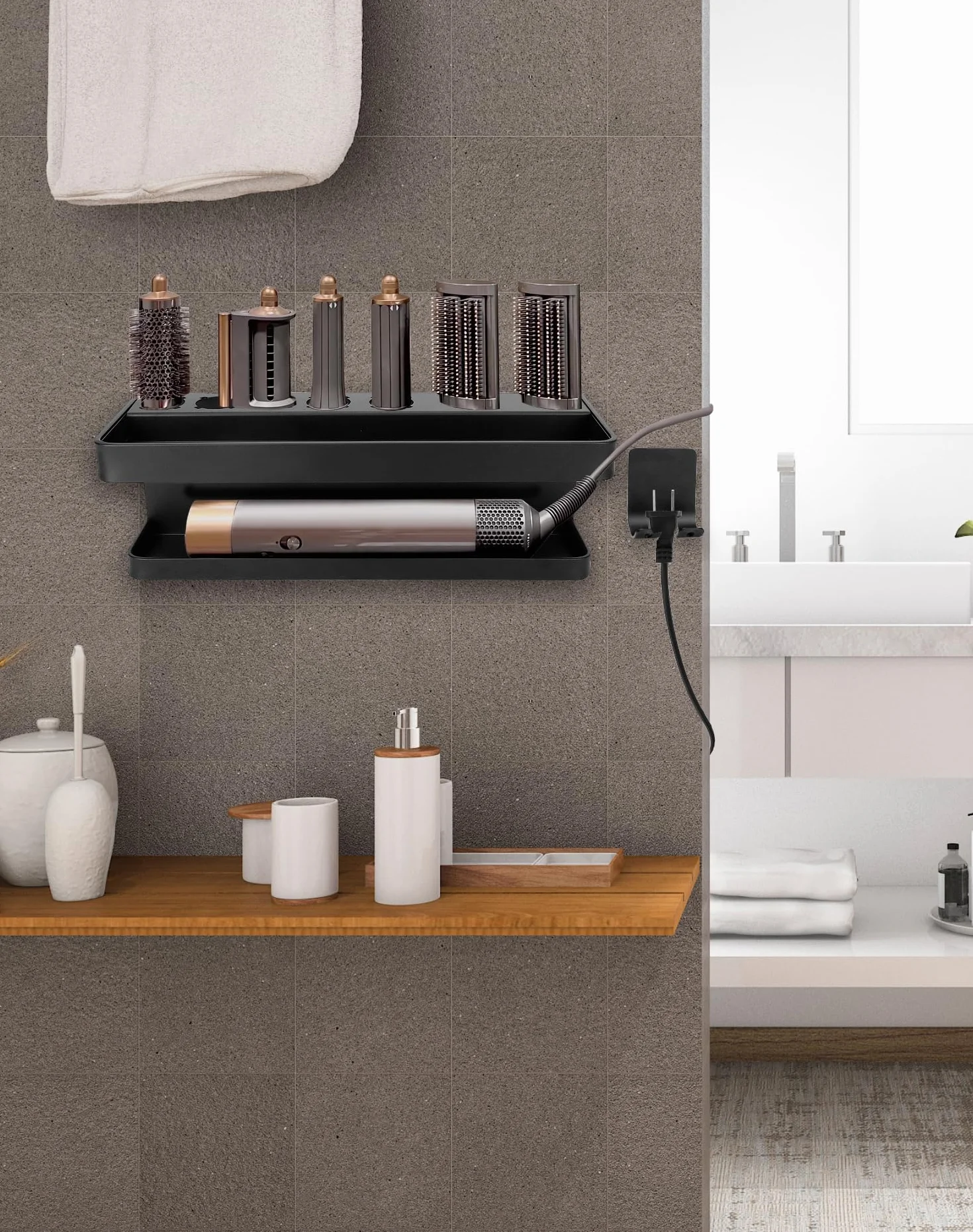 QWORK® Uchwyt ścienny, organizer kompatybilny z Dyson Airwrap, lokówką, różdżką, beczkami, szczotkami – anodowane aluminium