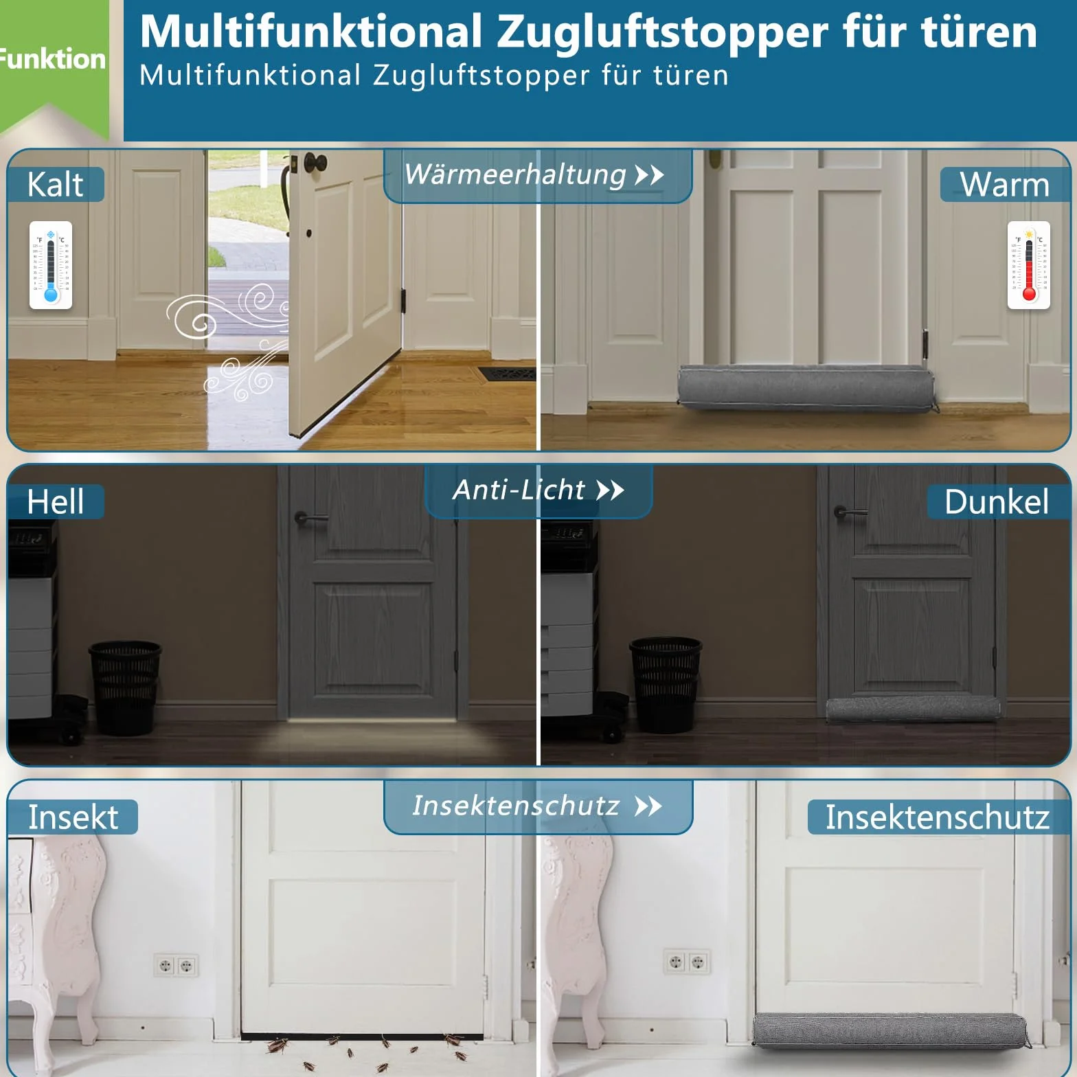 HooTown Stoper przeciwprzeciągowy do drzwi, 107 cm, ciężki stoper przeciągów, stoper przeciwprzeciągowy, stoper do drzwi i okien, kolor szary