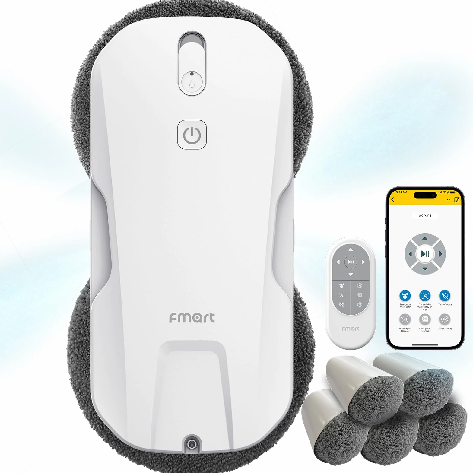 Fmart T11 robot do mycia okien z 10 ściereczkami, automatyczny czterokierunkowy system natryskowy z potrójnym systemem bezpieczeństwa, inteligentna nawigacja, pilot zdalnego sterowania, do wszystkich