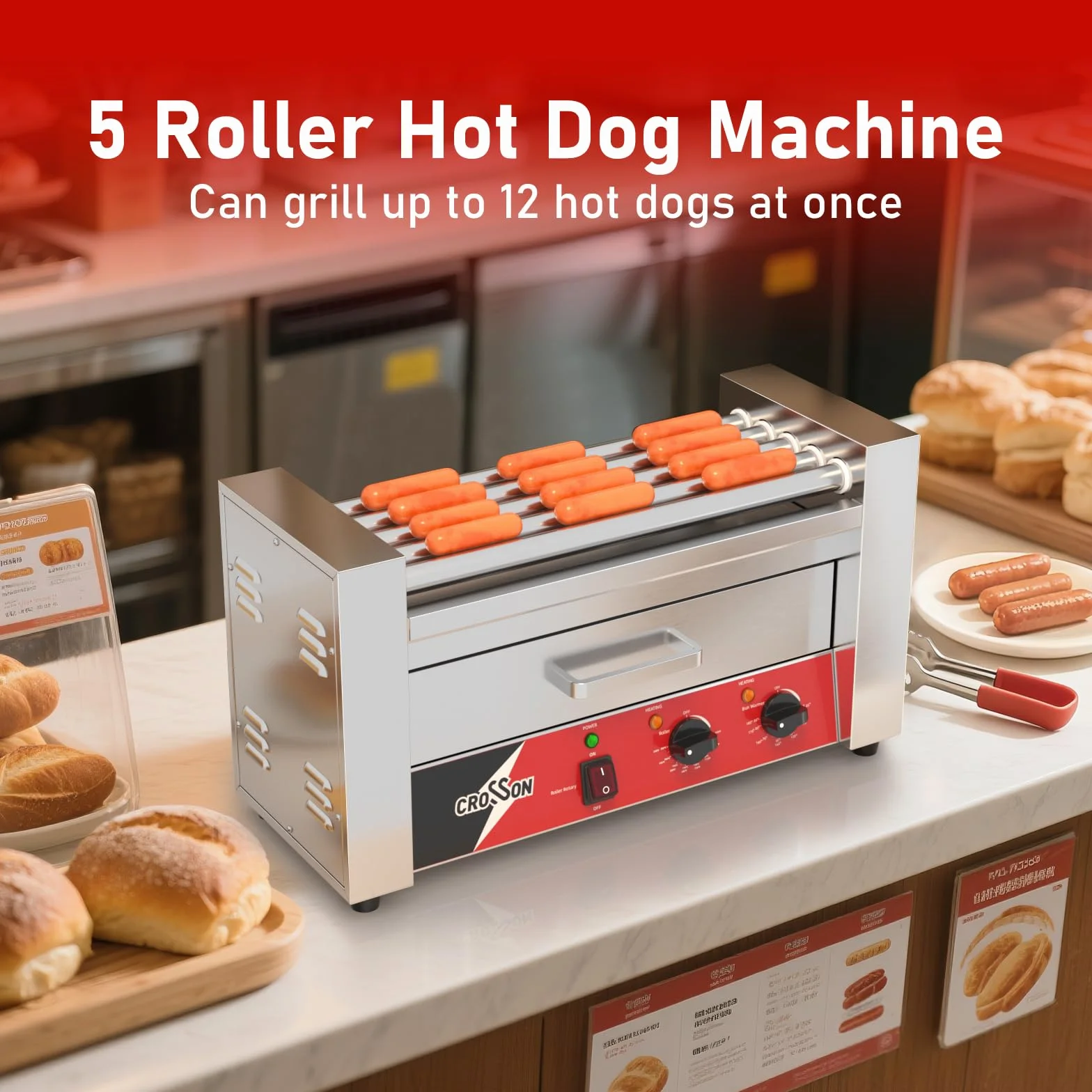 CROSSON Hot Dog 5-rolkowa maszyna z przezroczystą pokrywą, 5 rolek 304SS