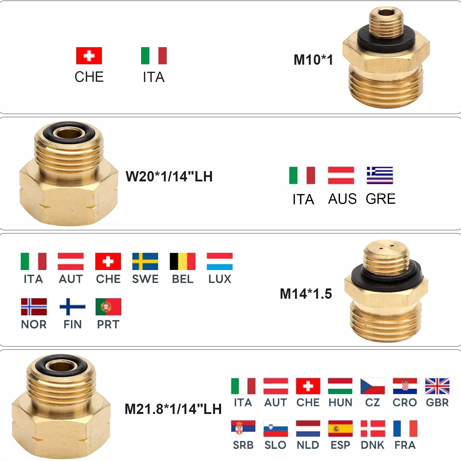 Adapter do butli gazowych, 4-częściowy zestaw adapterów, europejski, mosiężny adapter do podłączenia regulatorów ciśnienia do zagranicznych butli gazowych