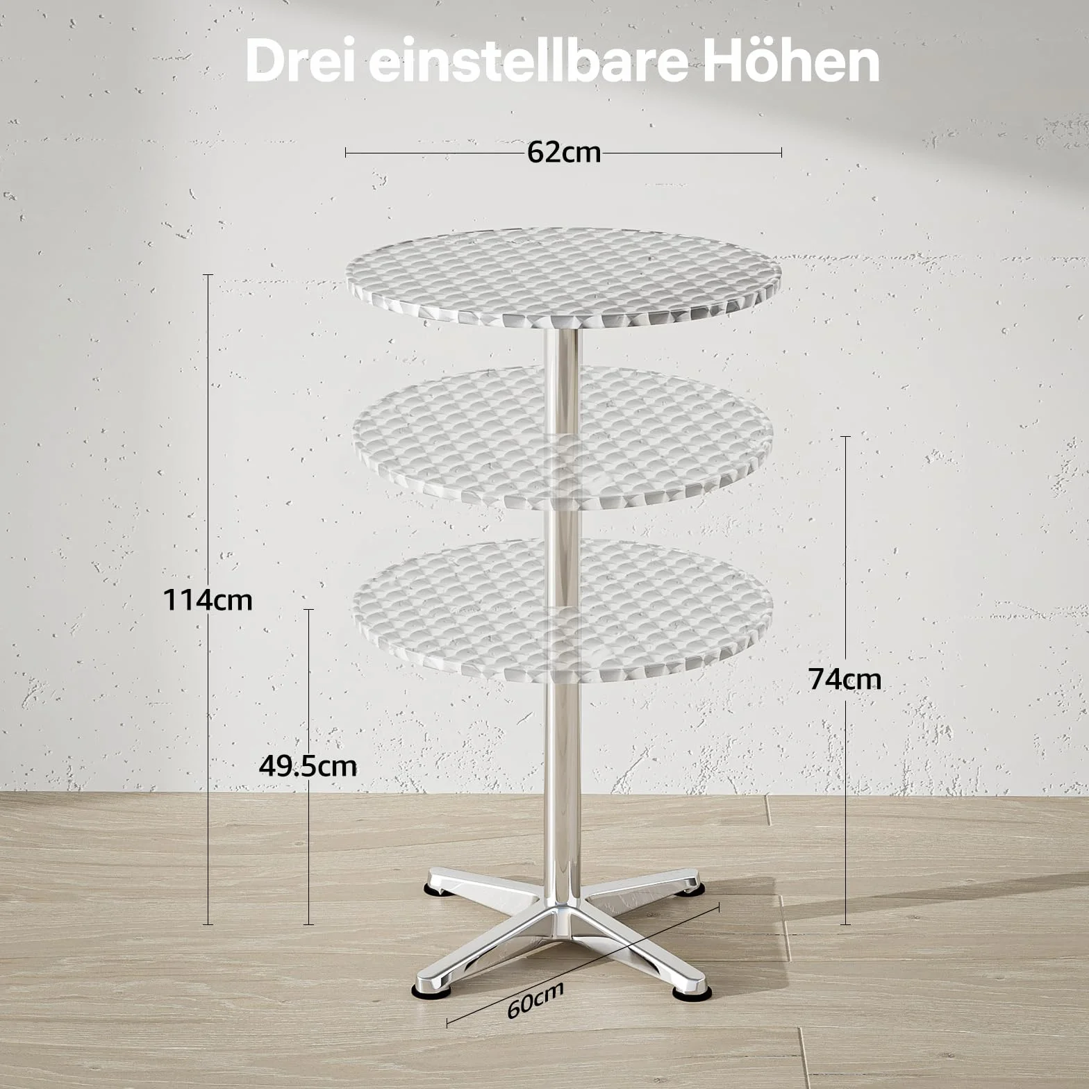 XIELIOUS 3 w 1 stolik barmański, składany stół barmański, średnica 60 cm, 3 wysokości: 49,5 cm/74 cm/114 cm, stal nierdzewna do domu, ogrodu, restauracji, na zewnątrz, stół barowy, stół imprezowy