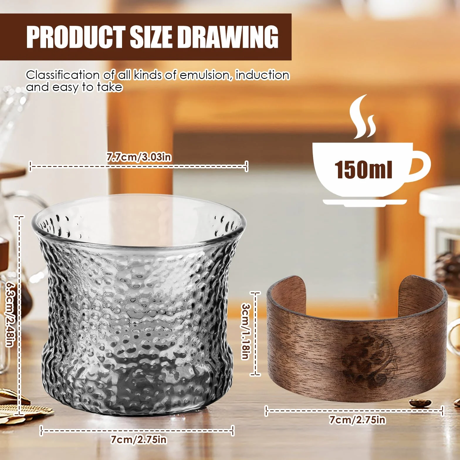 Zestaw 2 filiżanek do espresso, szklanych, 150 ml, z drewnianym pierścieniem odpornym na oparzenia, filiżanki do espresso i mokki do espresso, herbaty, mokki