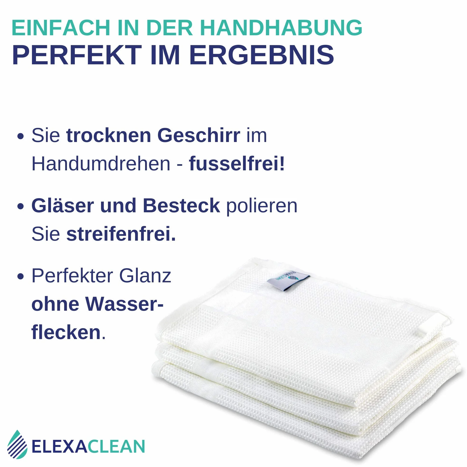 ELEXACLEAN ręczniki kuchenne mikrofibra (3 szt., 68x42 cm, biały) chłonne, można prać 60°C, nowoczesne wzornictwo