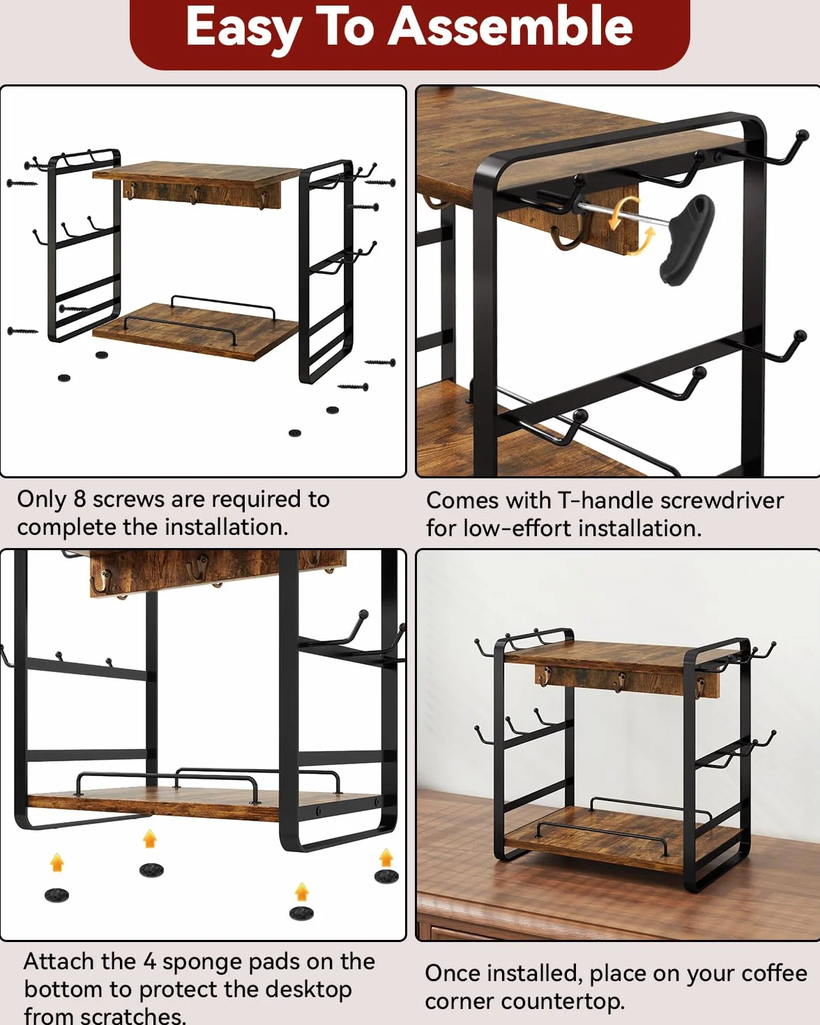 IBUYKE Organizer na blat do baru kawowego, 2-poziomowy stojak na kubek kuchenny, drewniany organizer na kubki do kawy z 14 haczykami, wielofunkcyjne drzewko na kubek do domowej kuchni, biura, brązowy