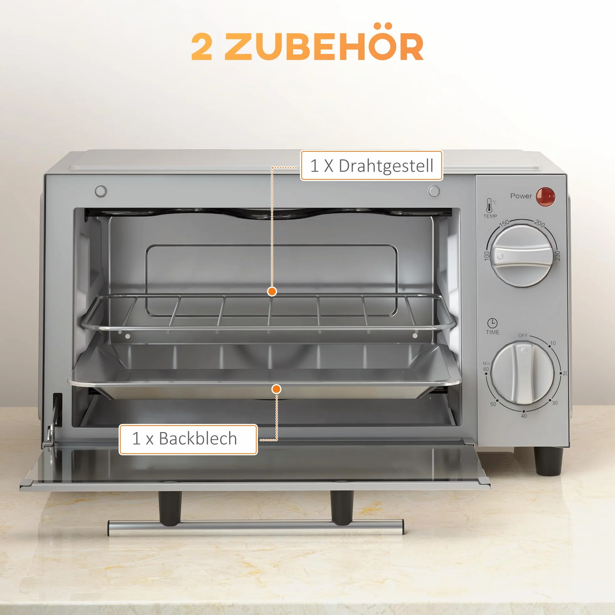 HOMCOM Mini piekarnik 9 l 750 W 100-230°C timer 60 min srebrny