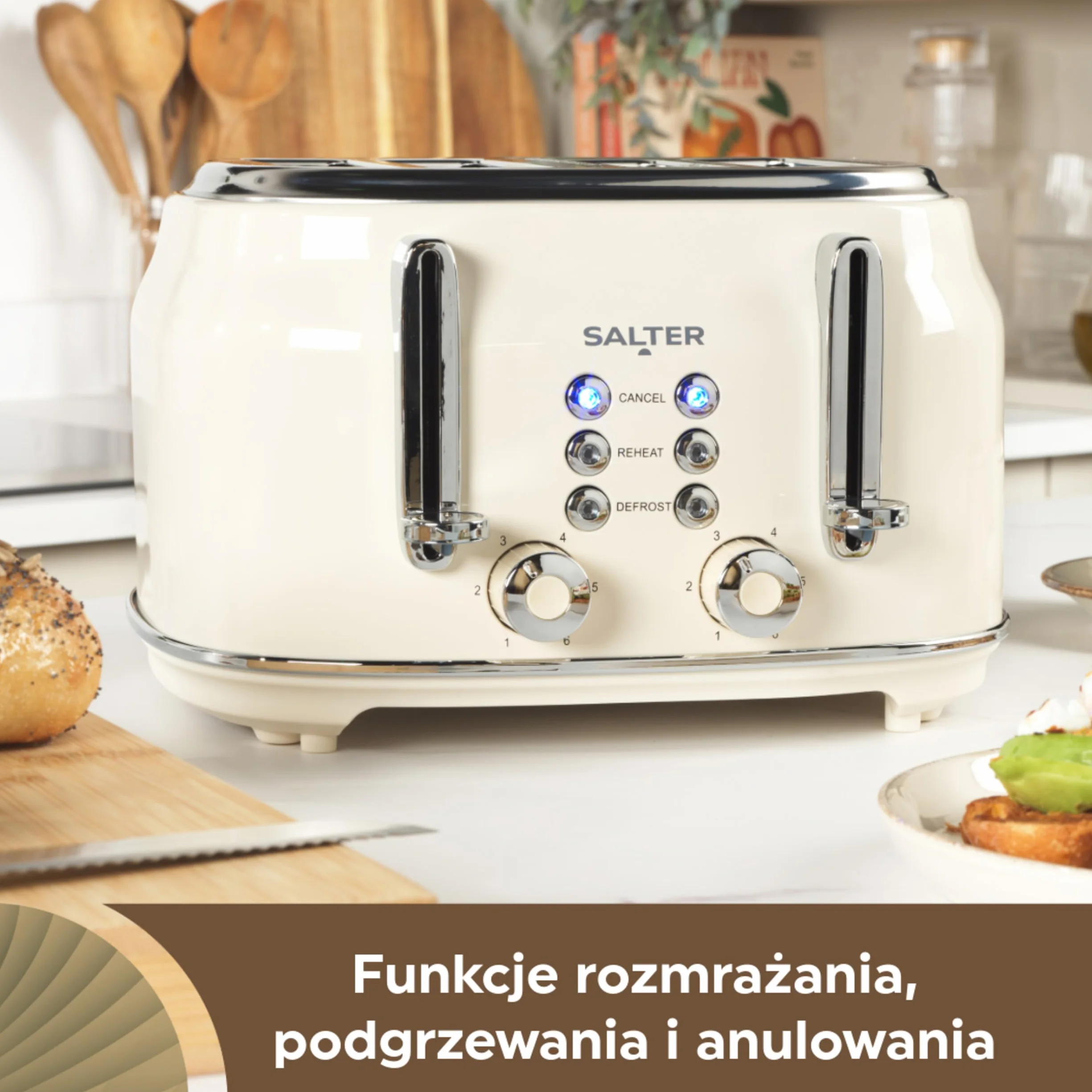 Salter EK5739CRM Retro Toster Szerokie szczeliny 6 poziomów opiekania funkcja rozmrażania podgrzewania