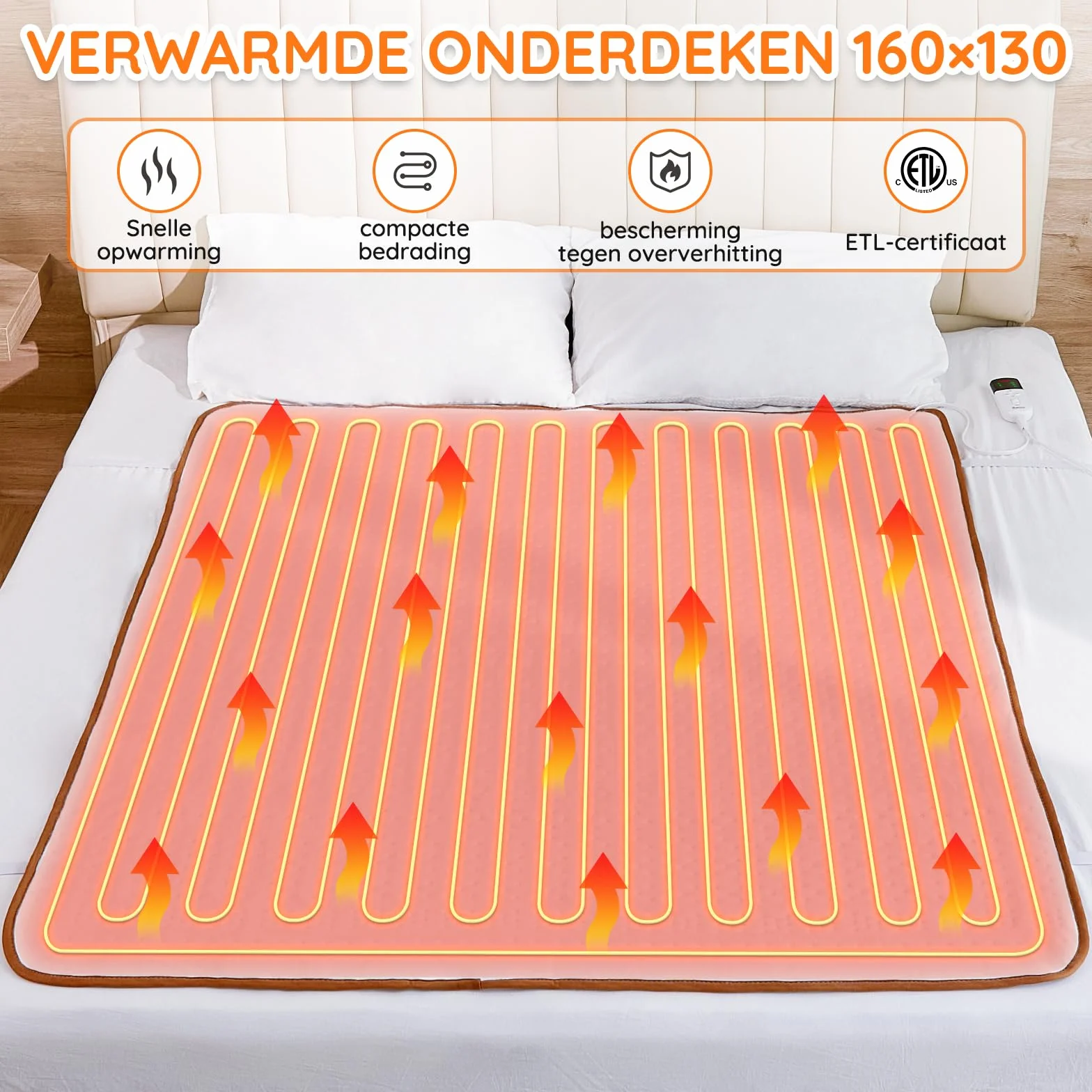 Mia&Coco Koc grzewczy z automatycznym wyłączaniem, 160 x 130 cm, mata grzejna pod materac z 12-godzinnym timerem i 3 poziomami ciepła, wskaźnik LED, ochrona przed przegrzaniem, koc termiczny do