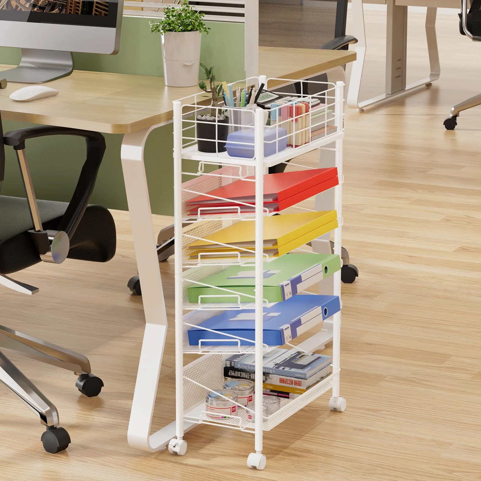Wózek na kółkach z kółkami, 6-stopniowy wózek na kółkach z metalu, do biura, domu, szkoły, biblioteki, pokoju nauczyciela, biały
