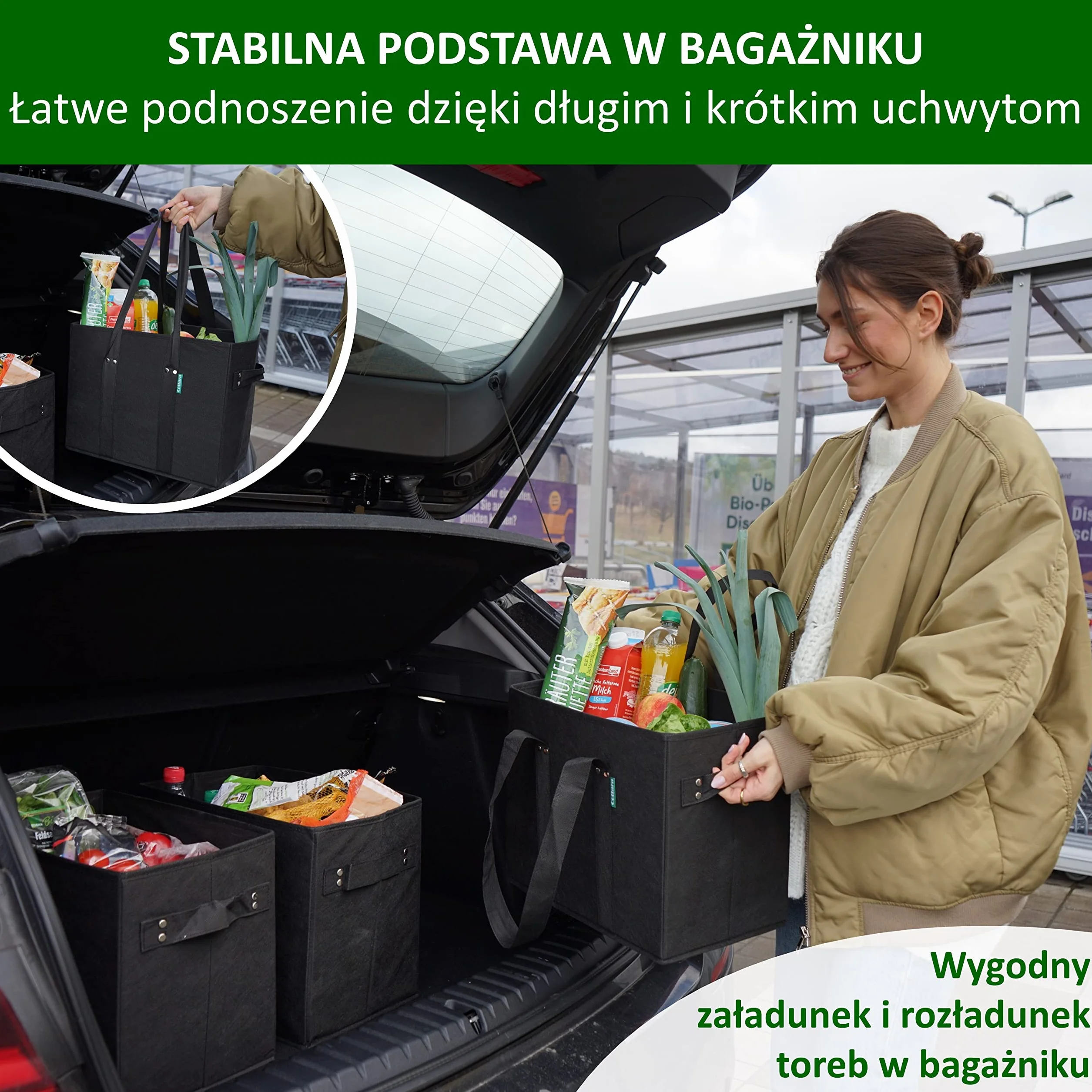 COTTARA Torba na zakupy premium, składana, 3 sztuki – stabilny kosz na zakupy wielokrotnego użytku ze składanym wzmocnionym dnem, w zestawie 3 x siatka na owoce i warzywa – 38 x 23 x 31 cm, szara