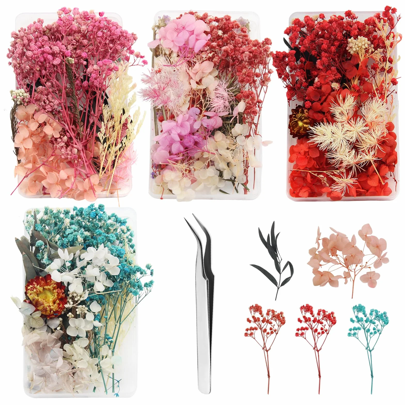 Naturalne Suszone Kwiaty Do Żywicy Epoksydowej - 4 Pudełka Mini Z Pęsetą Do DIY Świeczek