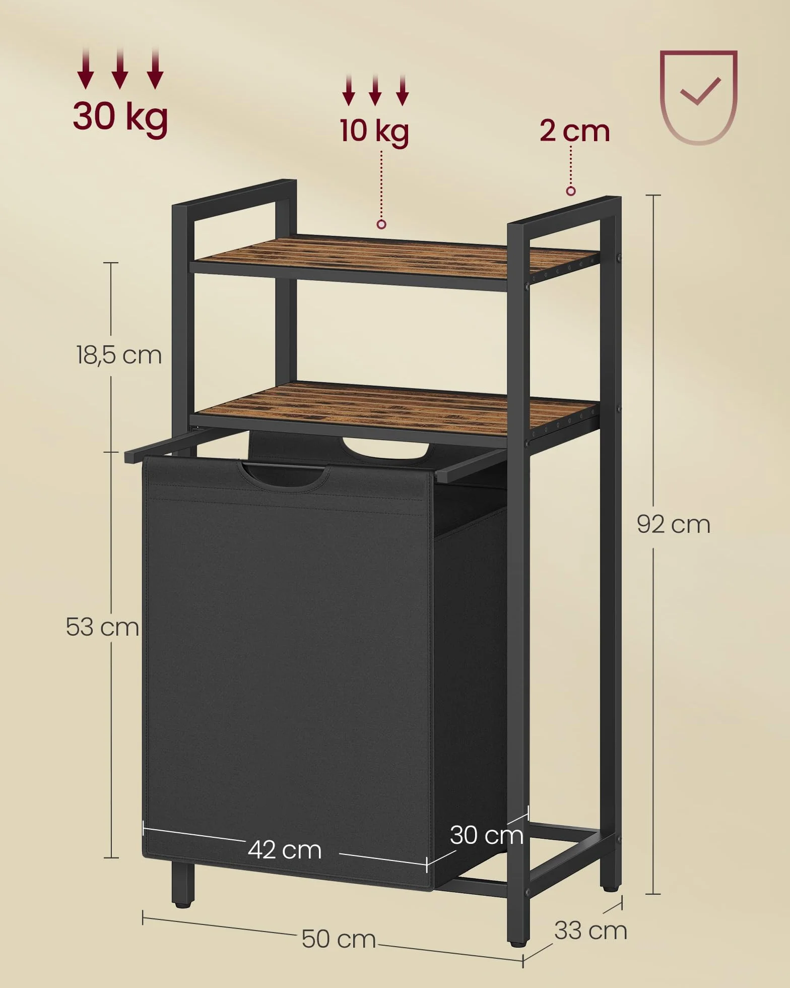 VASAGLE Kosz na pranie, 65L, metalowa rama, rustykalny brąz i czarny