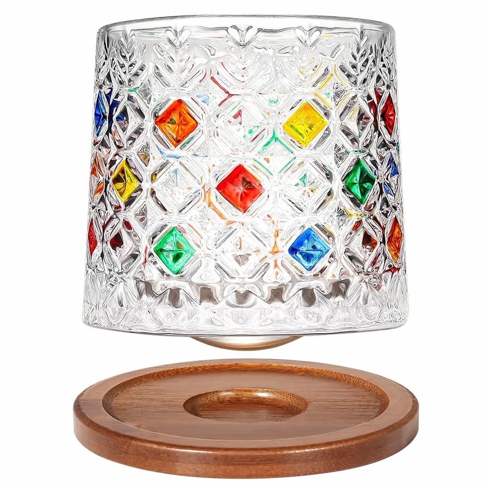 Kryształowy kieliszek do rumu 275 ml, obrotowy, staromodny szklany kubek, drewniana podstawka, pogrubiona, używana jako szklanka do whisky, kubek koktajlowy, filiżanka do kawy, kubek na mleko do
