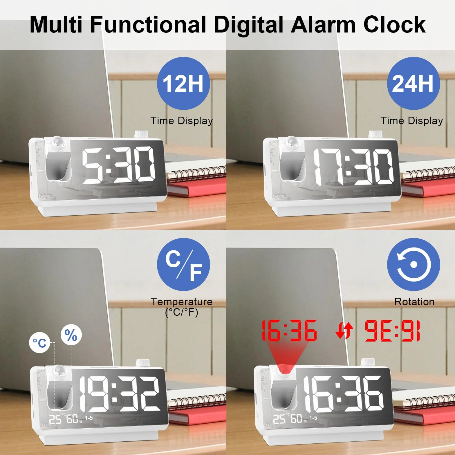 Cuteefun Budzik z projekcją LED 7" temperatura wilgotność 3 poziomy jasności 12/24 h 2 czasy budzenia biały