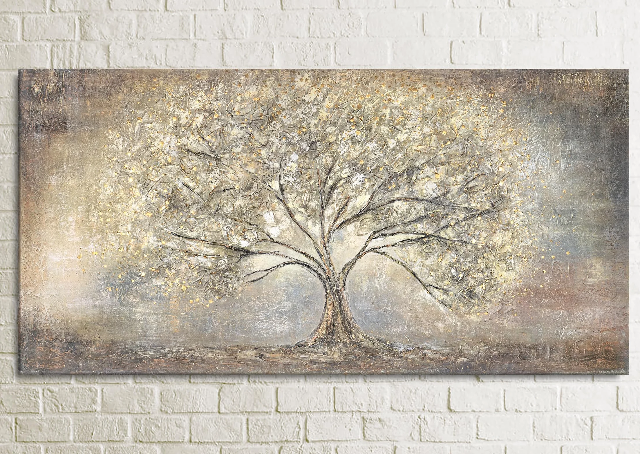 YS -Art Ręcznie malowany obraz akrylowy na płótnie Złote drzewo Złote abstrakcja krajobraz Sztuka ścienna do salonu Nowoczesne dzieło sztuki 122 x 61 cm