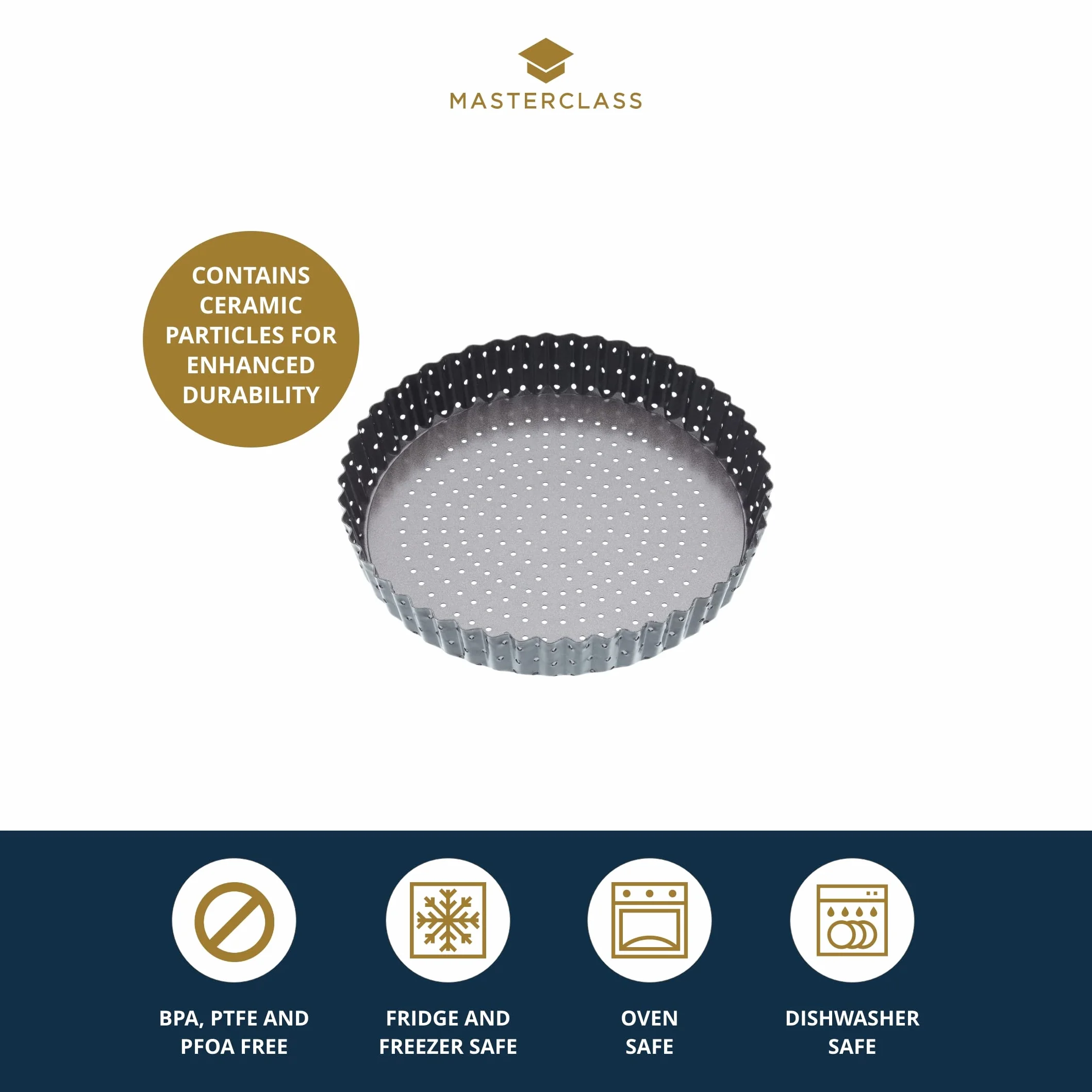 MasterClass Crusty Bake 20 cm perforowana forma do quiche z powłoką nieprzywierającą bez PTFE, PFOA i BPA, solidne dno o grubości 1 mm ze stali węglowej, karbowana, szara