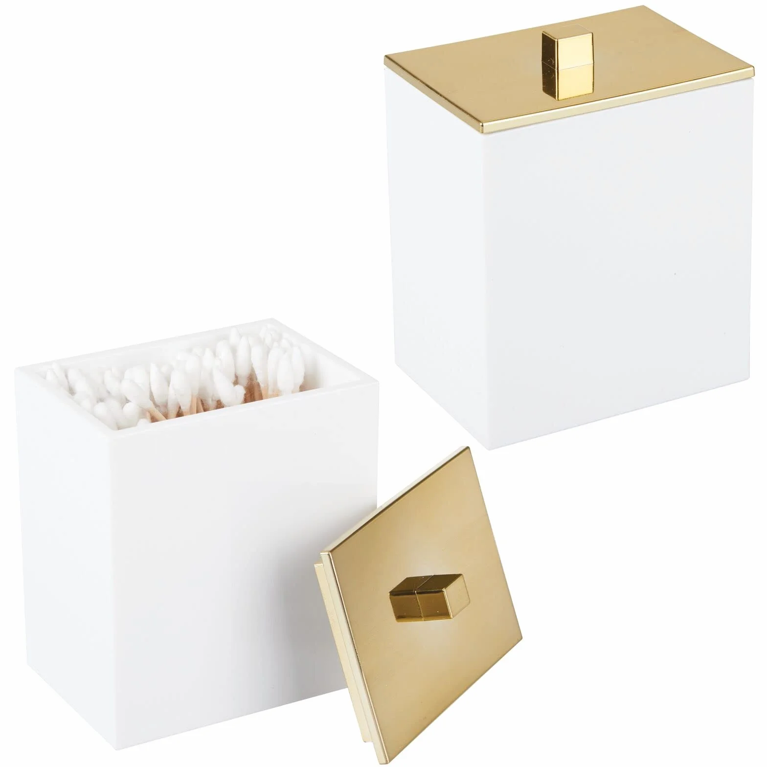 mDesign Organizer na kosmetyki, Pojemnik na waciki i patyczki z pokrywką, 2-pack, Biały/Złoty