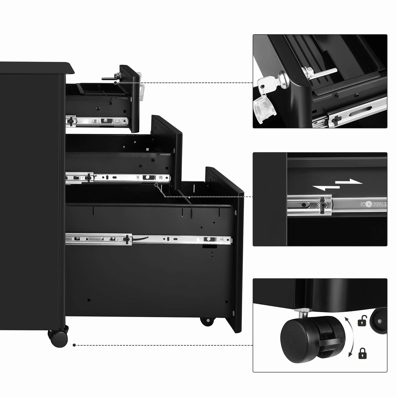 SONGMICS Cassettiera da Ufficio, Mobiletto per Documenti con Rotelle e Serratura, Corpo Preassemblato, per A4, Format Legale e di Lettera, Cancelleria e Cartelle Sospese, Nero OFC030B01