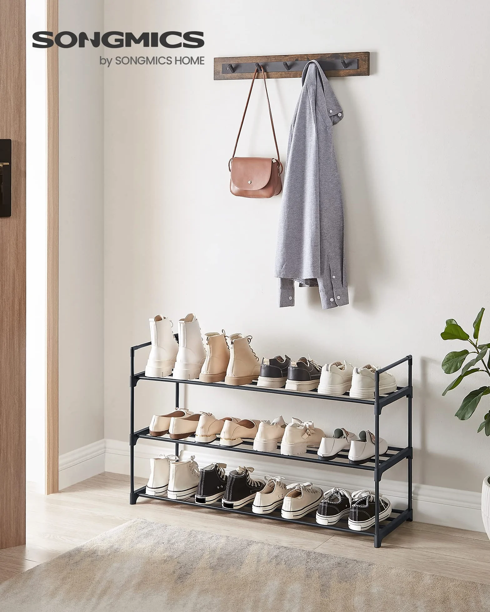 SONGMICS Regał na buty z 3 poziomami, metalowy schowek na buty, do 15 par butów, organizer na buty do salonu, przedpokoju i garderoby, 92 x 30 x 54 cm, czarny LSA13BK