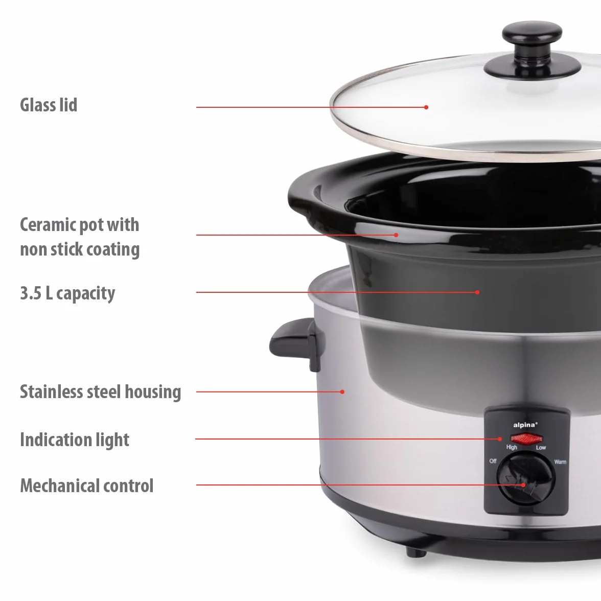 Alpina Slow Cooker 3,5L Ceramiczny Stal Nierdzewna 3 Stopnie Grzania
