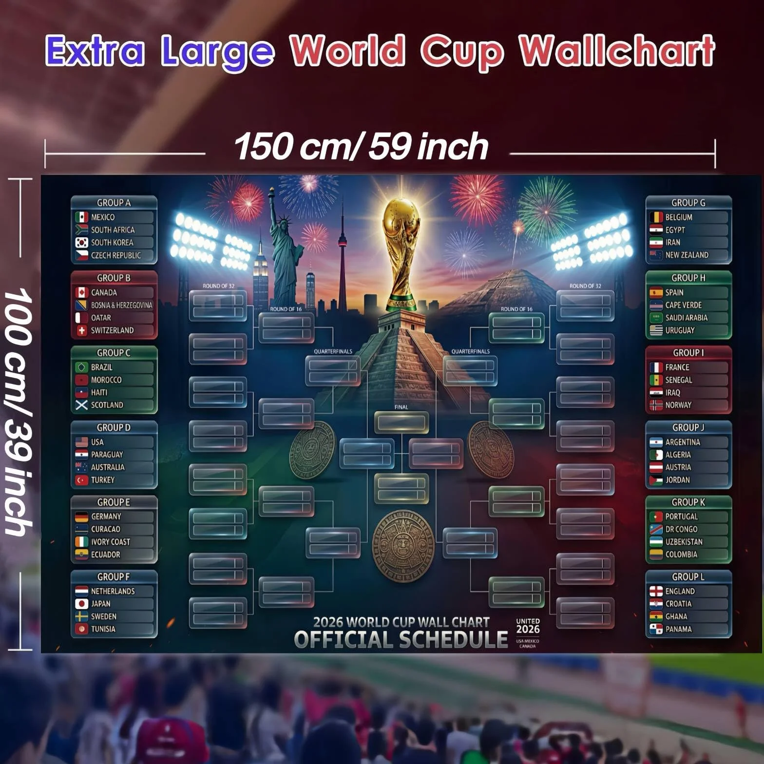 Plakat z planem meczów MŚ 2026 – turniej piłkarski FIFA, przegląd ścienny, 48 drużyn, drzewo turniejowe, artykuł dla fanów Mistrzostw Świata, dekoracja na imprezę piłkarską, prezenty dla fanów piłki