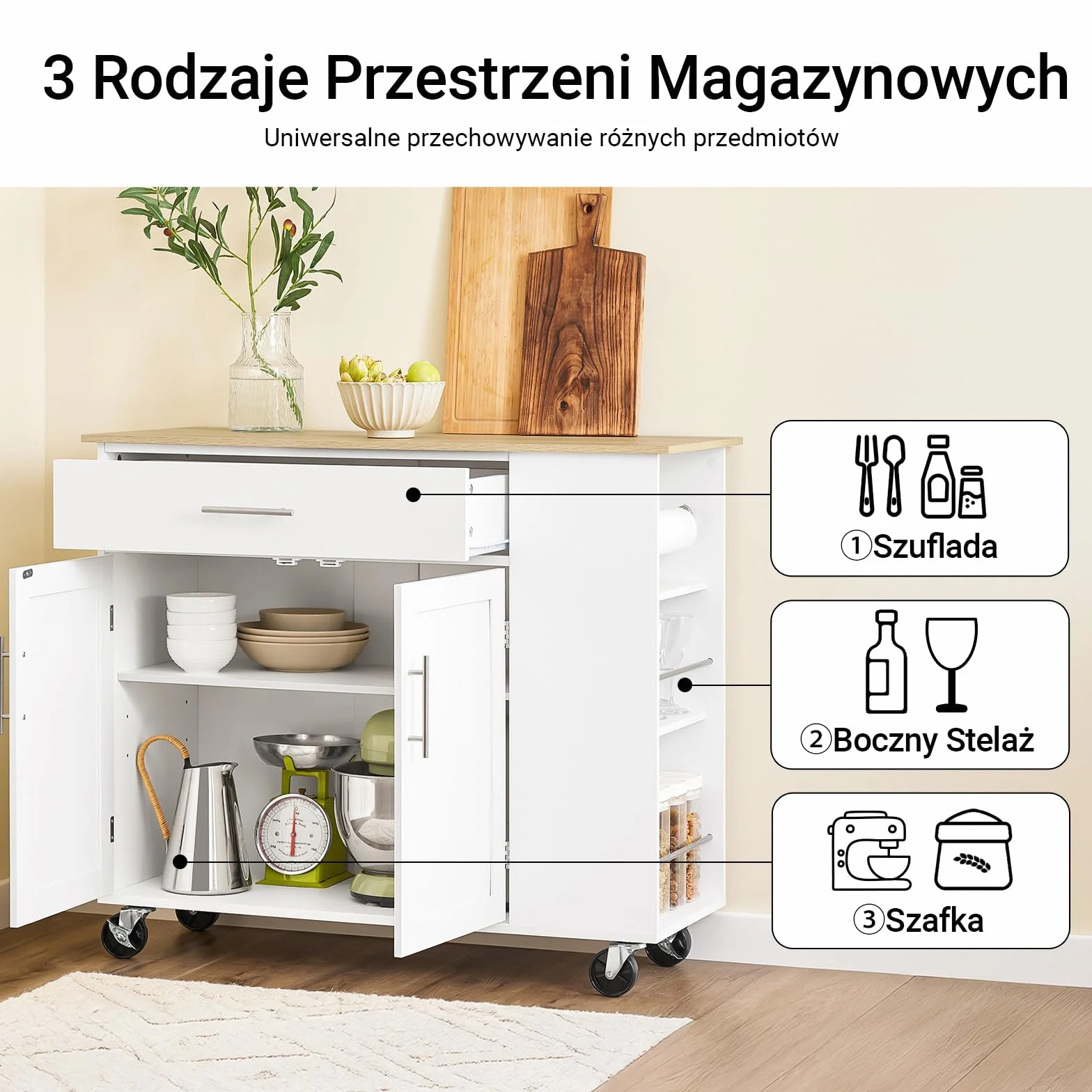 SoBuy Wyspa Kuchenna na Kółkach Mobilny Wózek Kuchenny z Szufladą Regulowaną Półką Biały 99x40x85 cm FKW133-WN