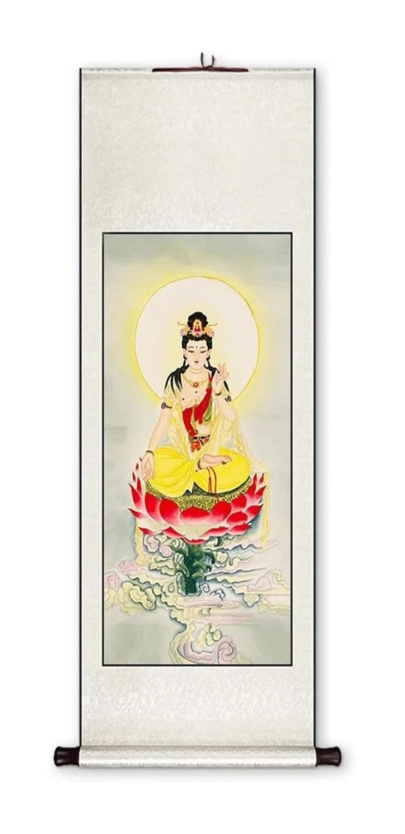 Pomyślny obraz zwoju Guanyin, starożytna chińska poza bóstwa, dekoracja muzeum Feng Shui, kolekcja prezentów urodzinowych(Creamy white E,79L x 186W cm)