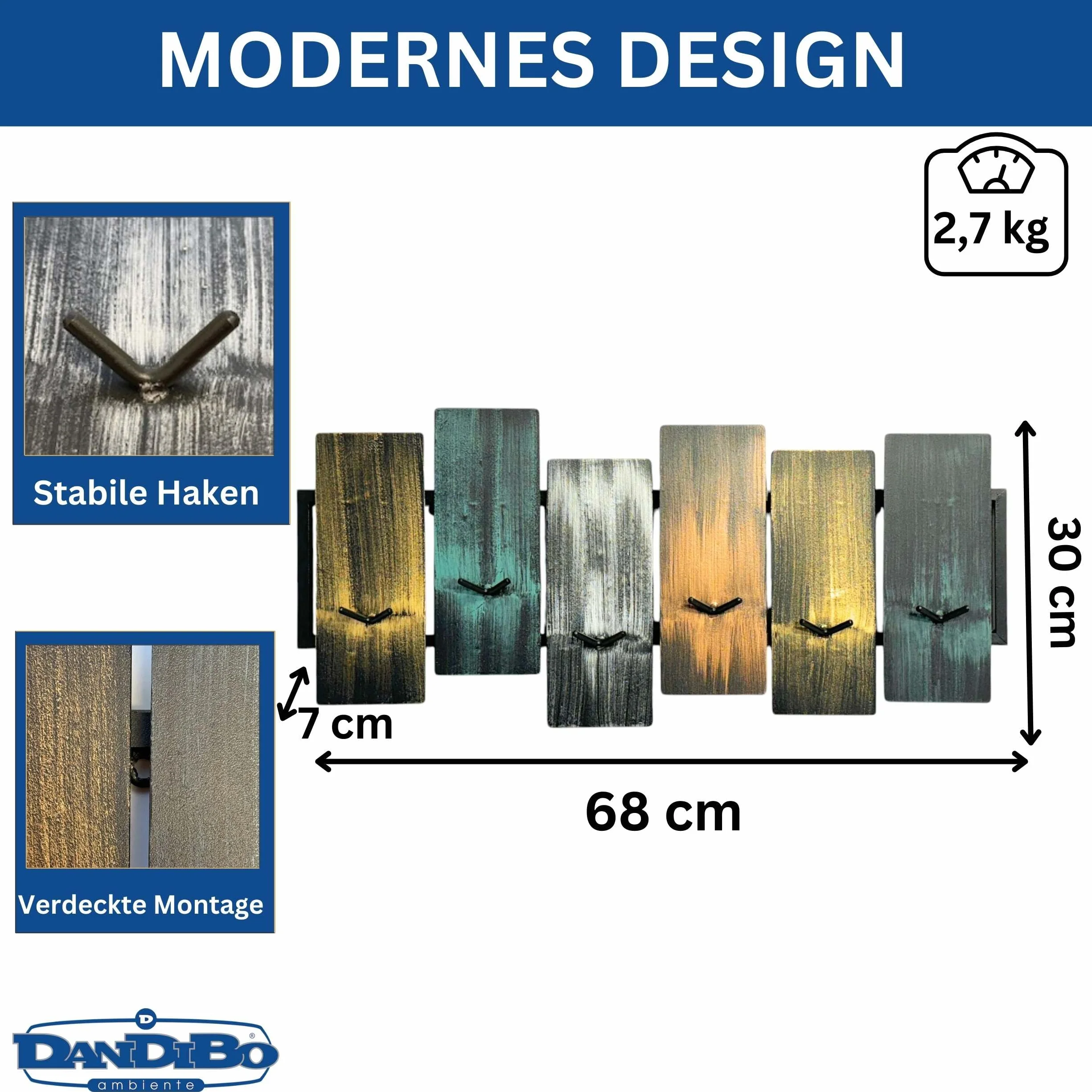 DanDiBo 96629 garderoba ścienna z 12 haczykami, nowoczesna listwa z haczykami