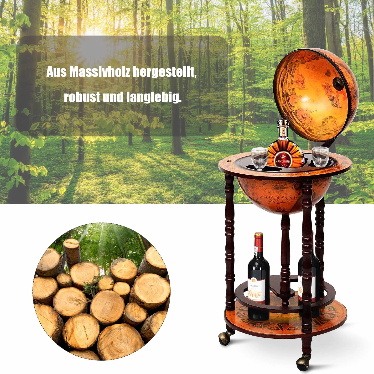 Generisch Barek w kształcie globusa, z eukaliptusa, wózek barowy z kulą ziemską, wózek barowy na kółkach, w stylu retro, do kieliszków do wina i butelek wina (brązowy)
