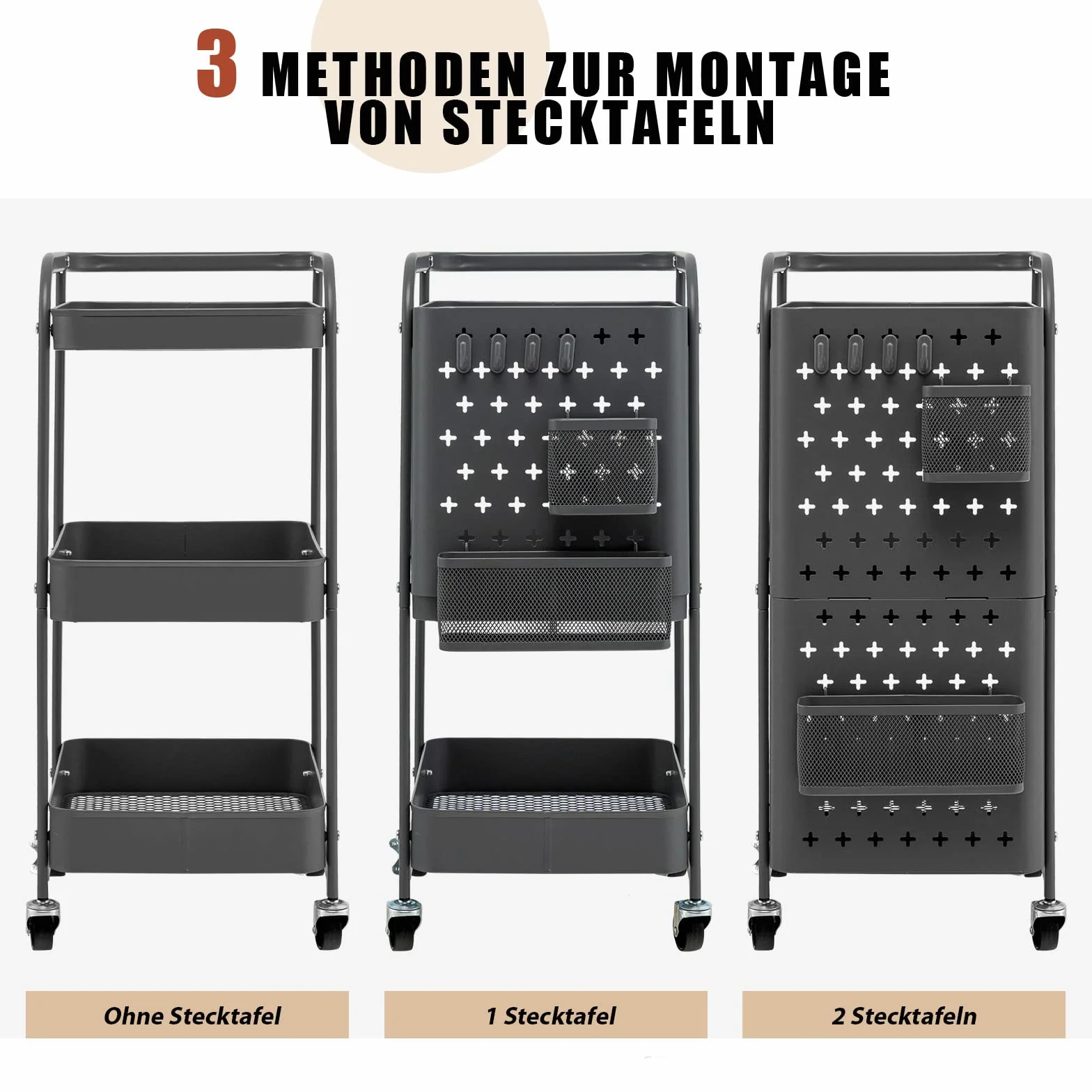 COSTWAY Wózek kuchenny 3 poziomy metalowy z 2 tablicami wtykowymi i 4 haczykami
