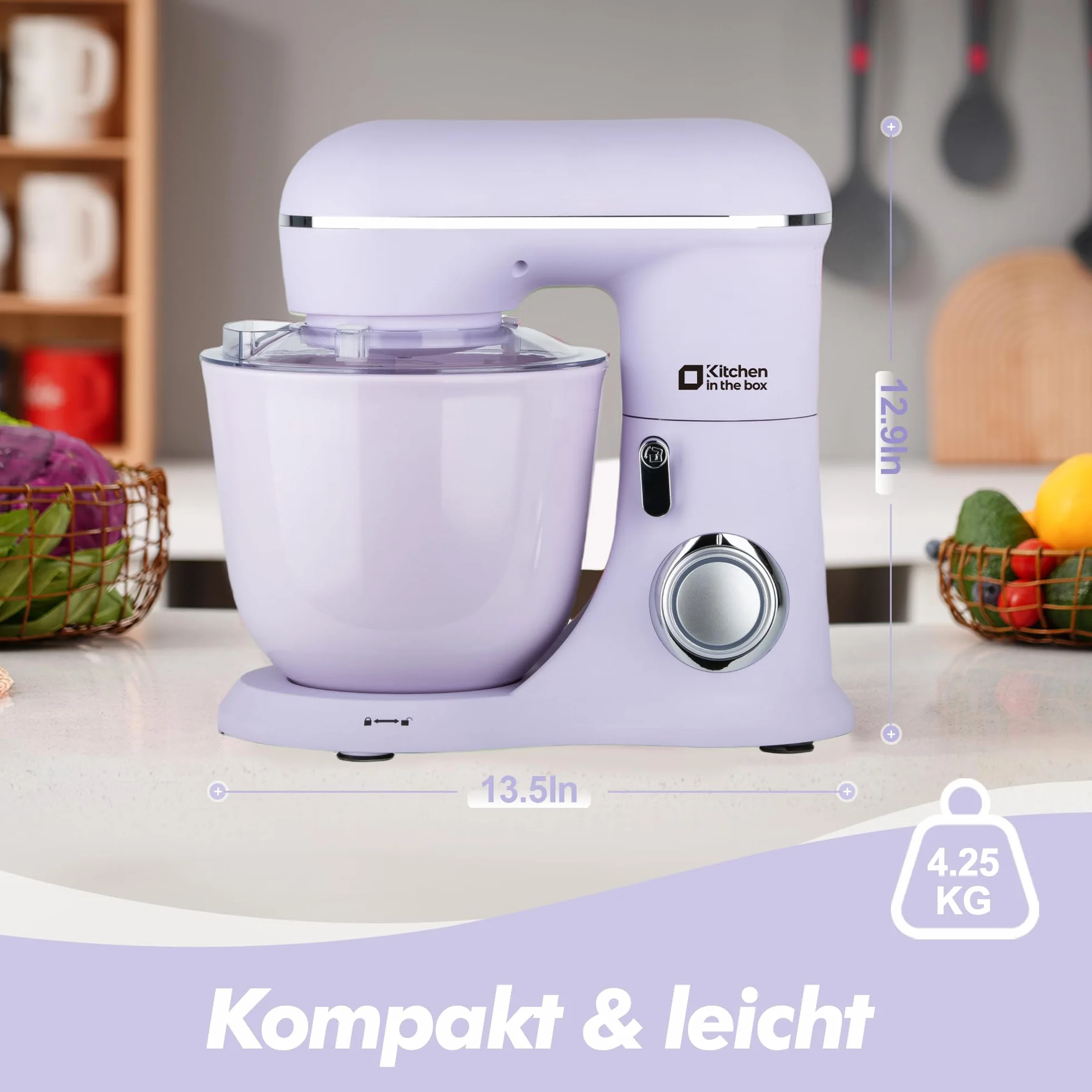 Kitchen in the box robot kuchenny, 4,5 L i 5 L maszyna do ugniatania ciasta, mikser ciasta z 10+P prędkościami z hakiem do zagniatania, mieszadłem i trzepaczką, 1300 W, fioletowy