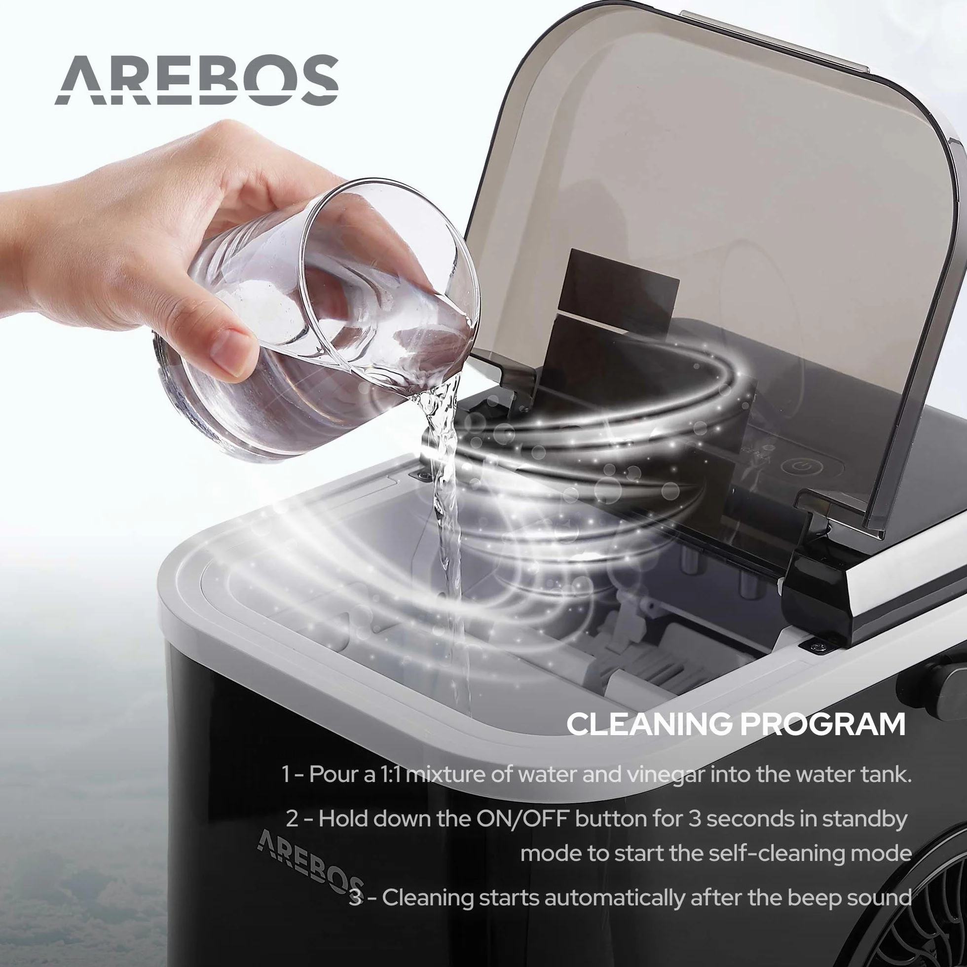 Arebos Kostkarka do lodu | 12 kg / 24 h | czas produkcji 10-15 minut | zbiornik na wodę o pojemności 1,1 l | kostkarka do lodu | cicha praca | funkcja samoczyszczenia | czarna