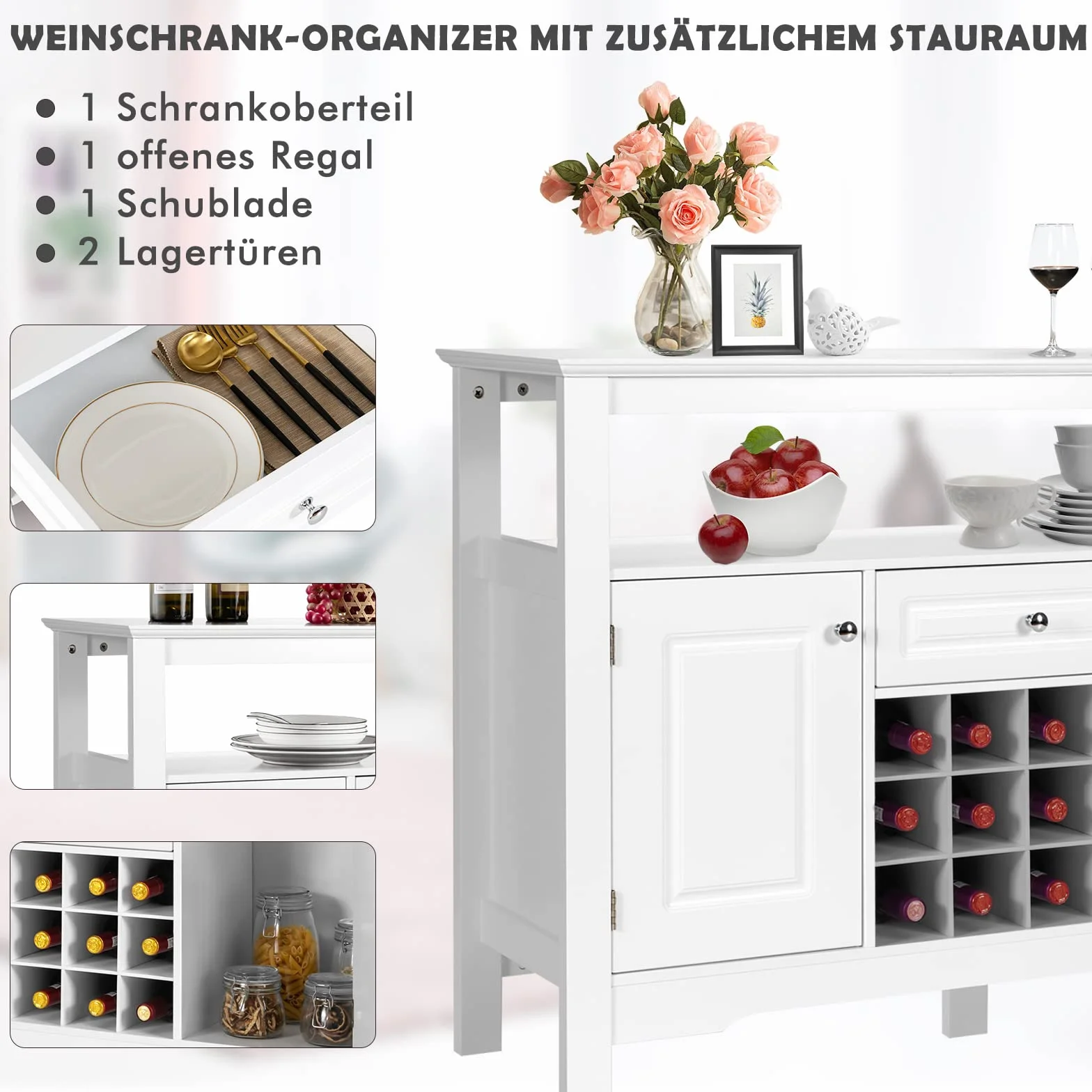 GOPLUS Kredens z Regałem na Wino Szafka Kuchenna 117x40,5x85,5 cm Biały