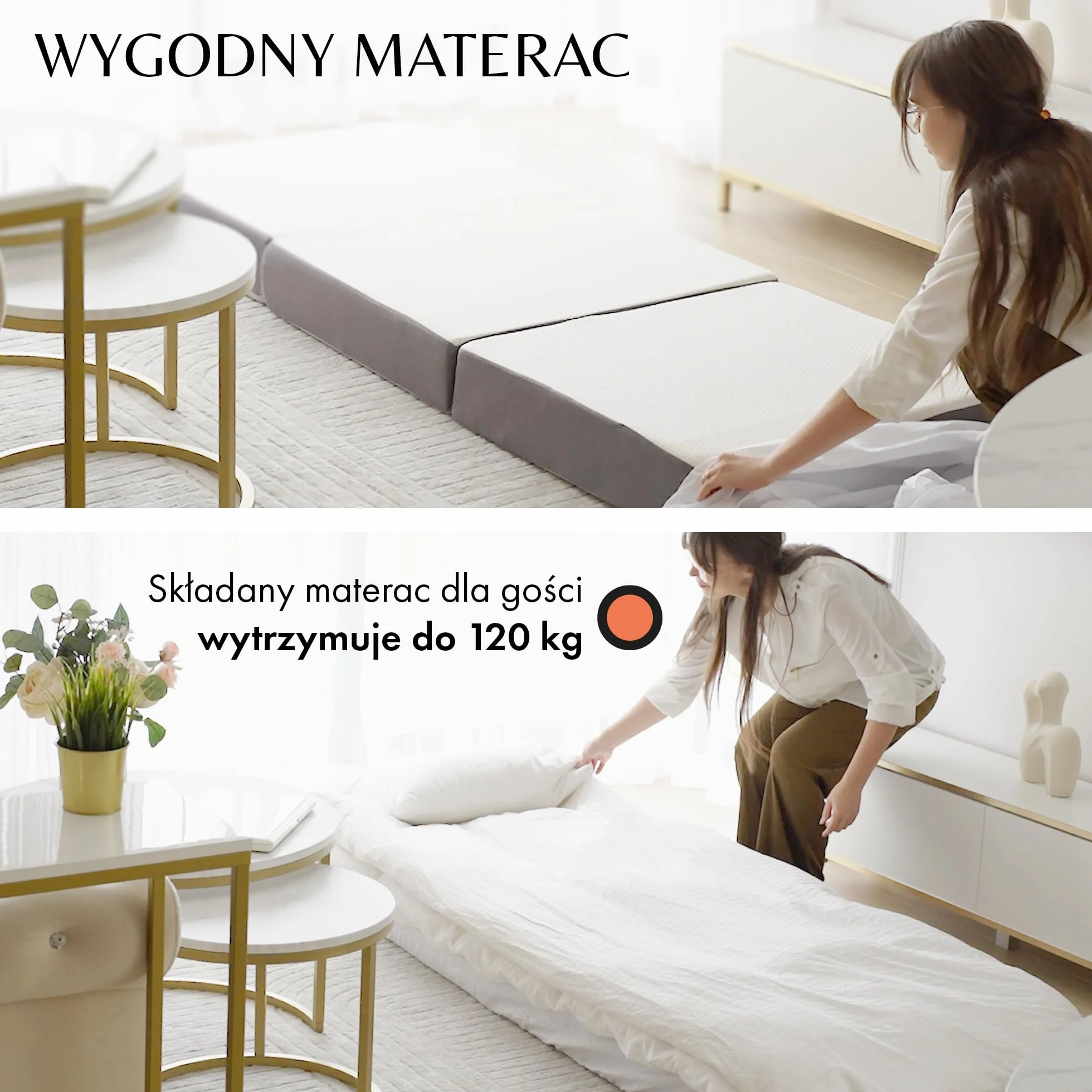 DYNMC rozkładana sofa łóżko dla gości 2- BARDZO DOBRY test - H3 średnio twardy materac składany - składany materac dla gości (Szary/Biały, Jednoosobowy)
