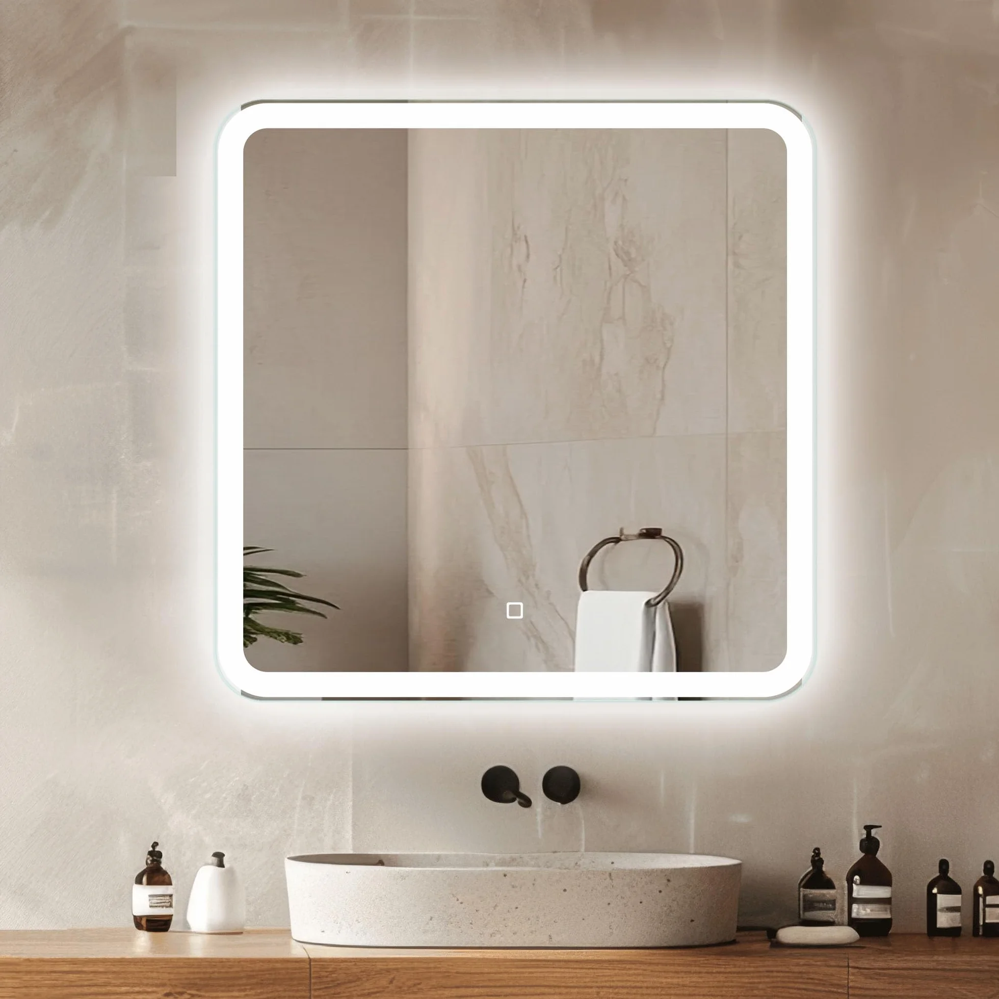 Venti Kwadratowe Lustro Łazienkowe LED 60x60cm, Lustro ścienne z oświetleniem LED, Naturalne Białe Światło, Zaokrąglone rogi, Podświetlane z przodu