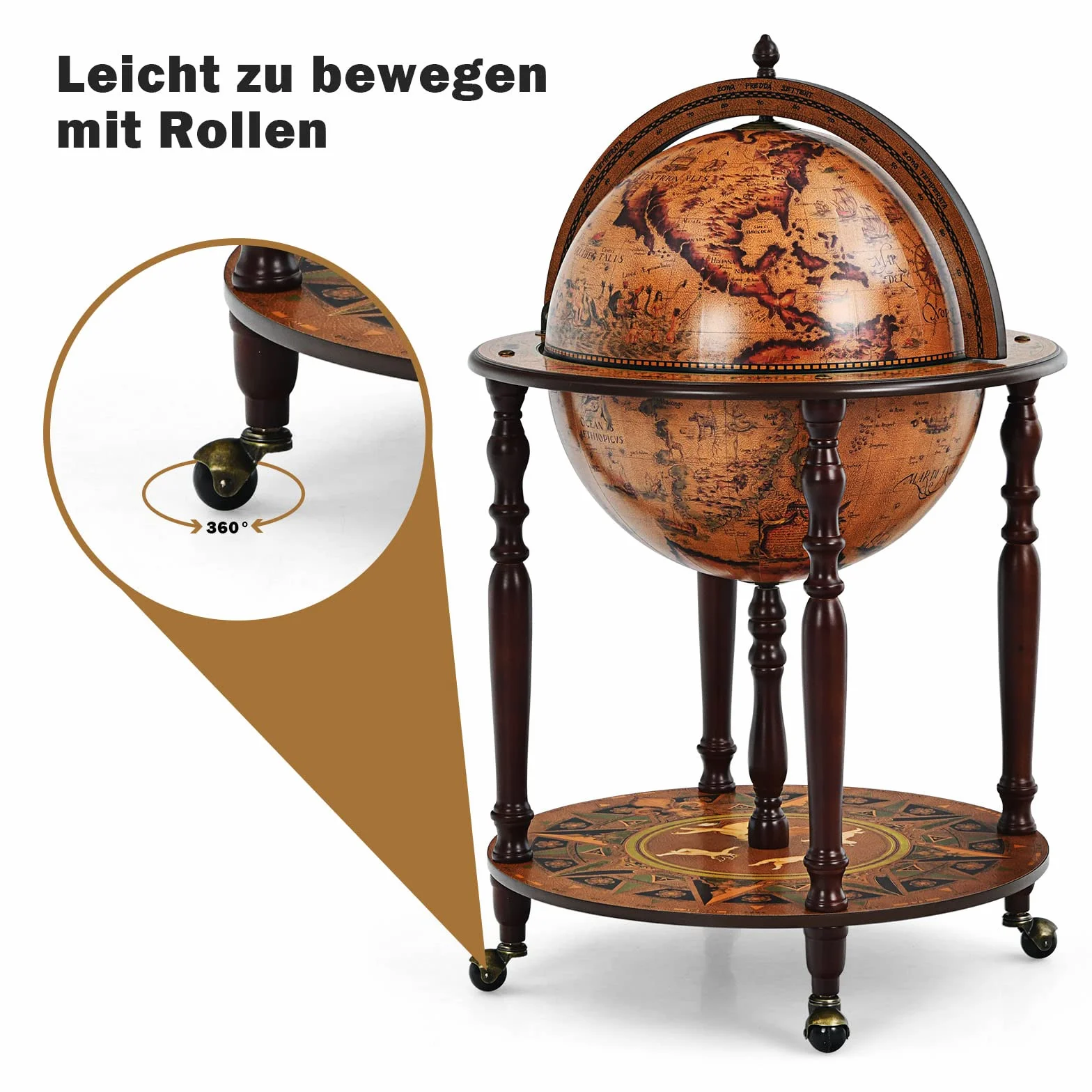 COSTWAY Globusbar szafka barowa, baroczny wózek barowy z rolkami i pokrywą, domowa szafka barowa z globusem,  Globus regał winowy szafka winna na butelki, stół barowy minibar do kuchni, salonu