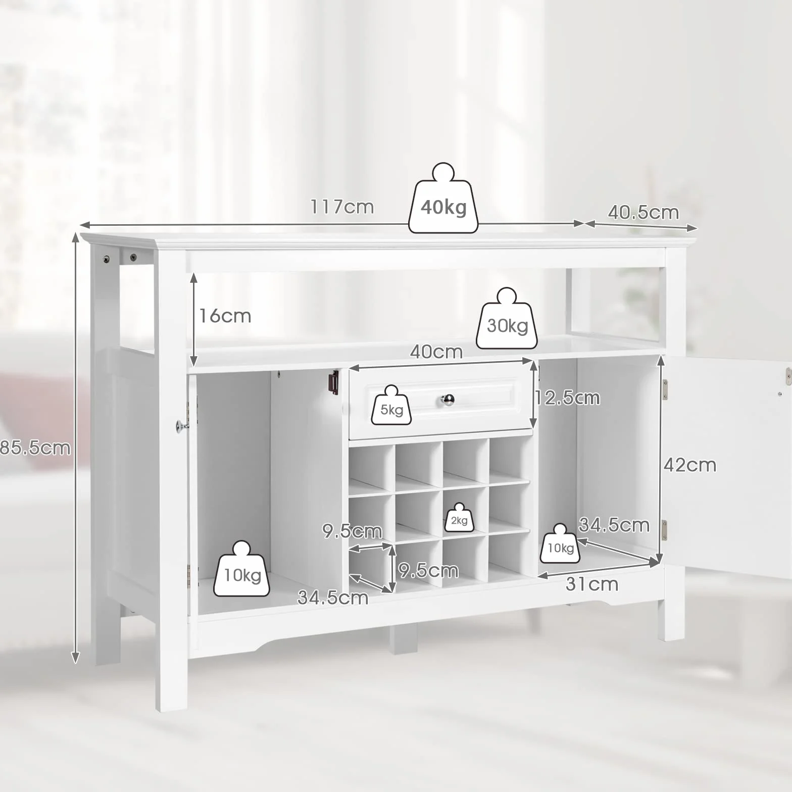 GOPLUS Kredens z Regałem na Wino Szafka Kuchenna 117x40,5x85,5 cm Biały