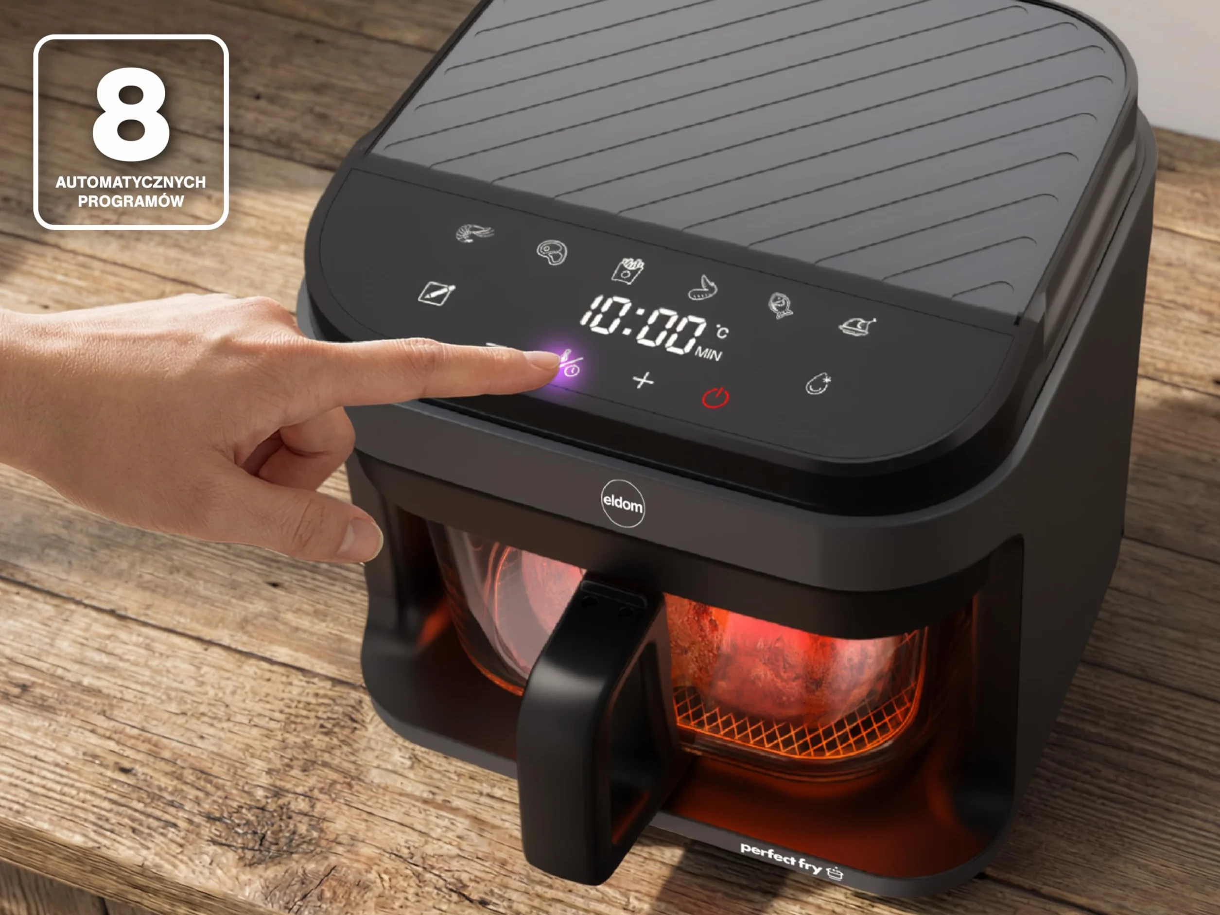 Frytownica Beztłuszczowa 5,5L Air Fryer 1200W, Szklany Kosz, 8 Programów, LED, Regulacja Temperatury 40–200°C, Rozmrażanie, FR500 Eldom