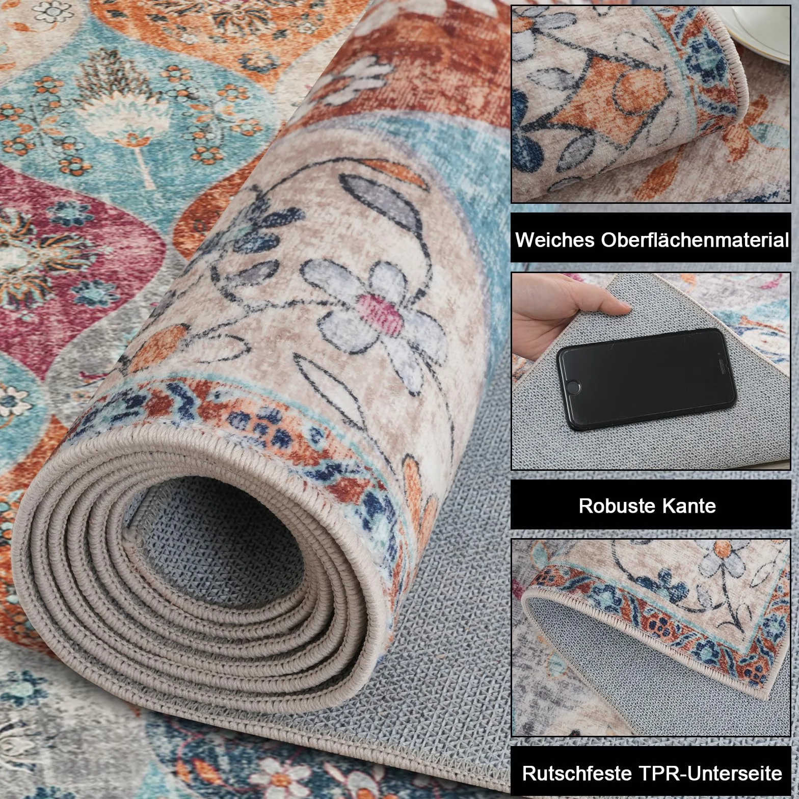 Xfrog Dywan w kwiaty boho - Antypoślizgowy, nadaje się do prania, ultramiękki, antyczny dywan płaski z niskim runem do salonu, sypialni, pokoju dziecięcego – 200 x 300 cm