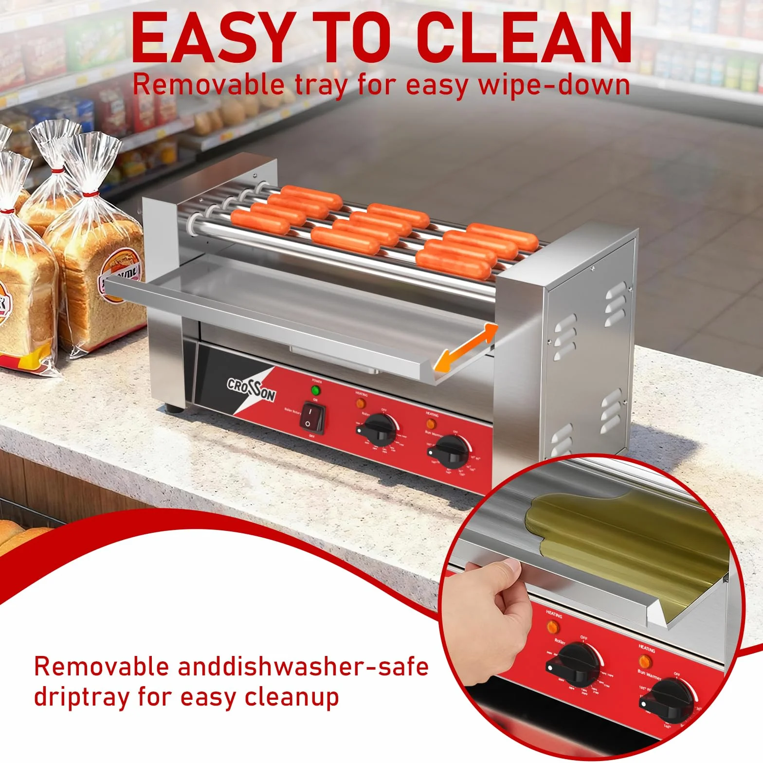 CROSSON Hot Dog 5-rolkowa maszyna z przezroczystą pokrywą, 5 rolek 304SS