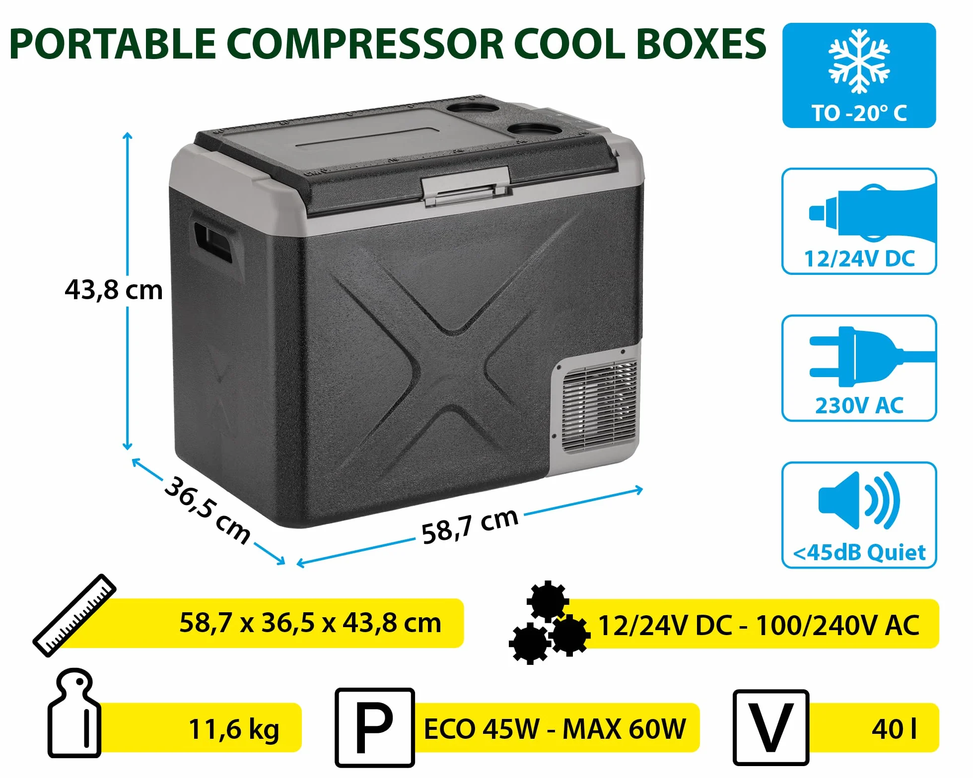 Brunner 0826053N przenośna lodówka i zamrażarka sprężarka o niskim zużyciu energii, 40 litrów, Polarys Freeze Sz 40, temperatura od -20 ℃ do 20℃, lodówka samochodowa 12/24 V Dc, 100/240 V AC