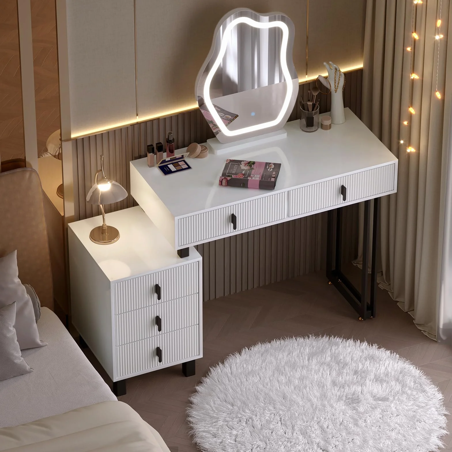 WOLTU MB6118ws-UK toaletka z przyciemnianym oświetleniem LED, biała toaletka z lustrem w kształcie chmury i 5 szufladami, stolik do makijażu z szafką boczną