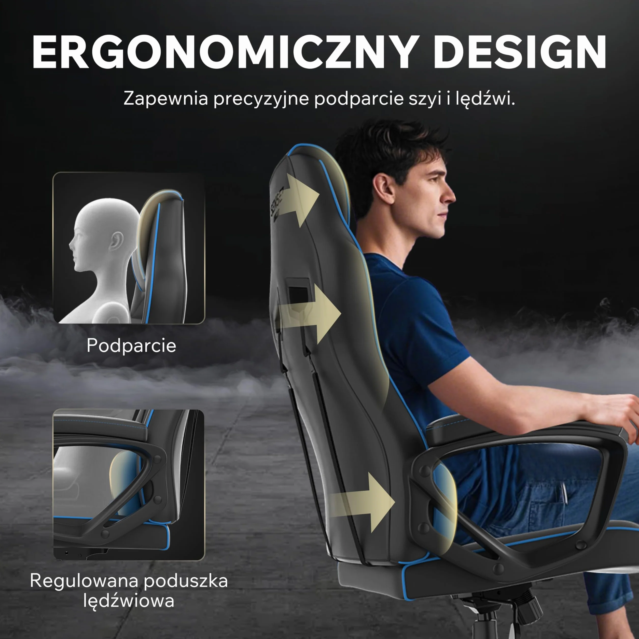 SENSE7 Knight ergonomiczny fotel gamingowy z regulowaną poduszką lędźwiową, skóra PU, do 120 kg, czarno-niebieski