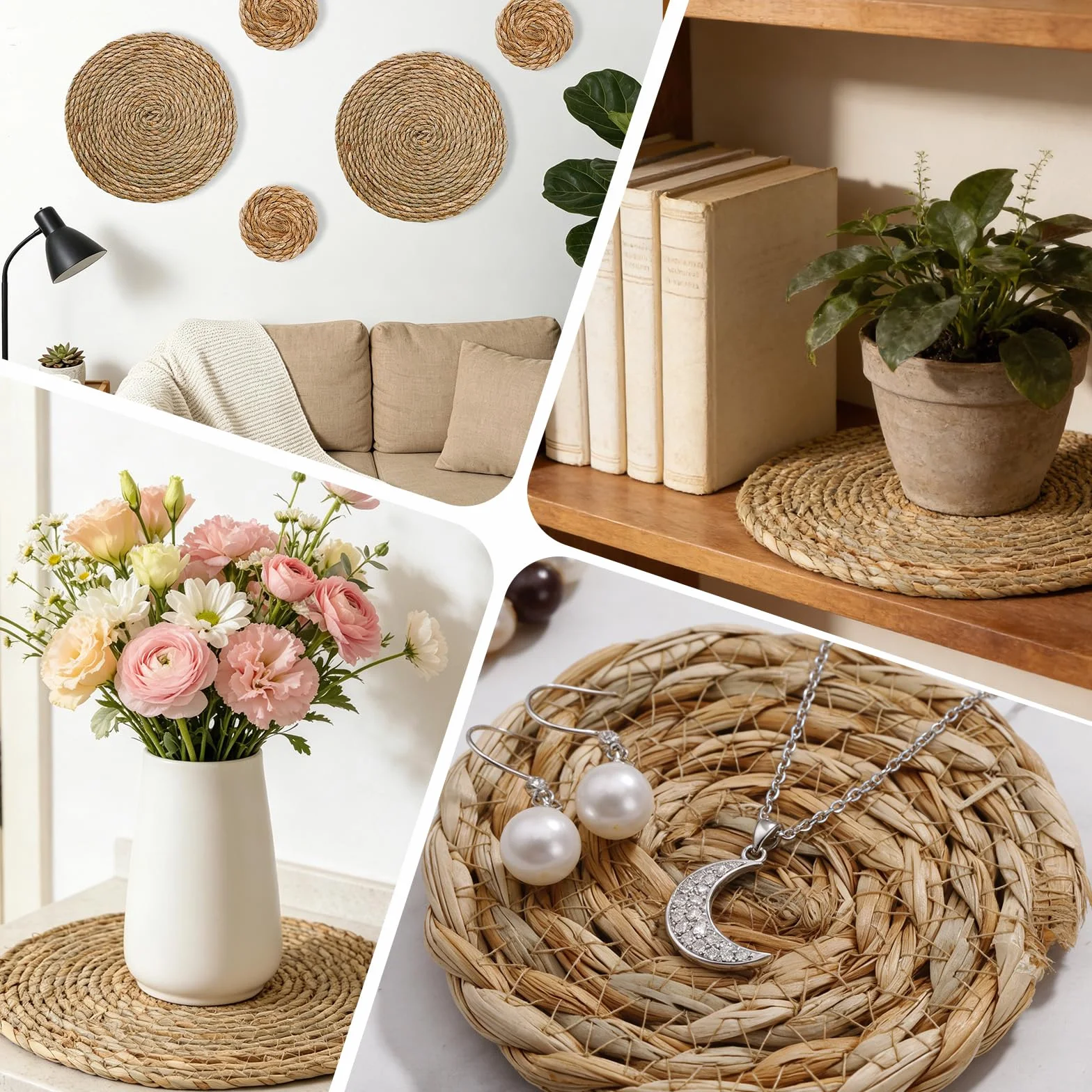 Boho okrągłe podkładki stołowe plecione z hiacyntu wodnego 12 sztuk zmywalne