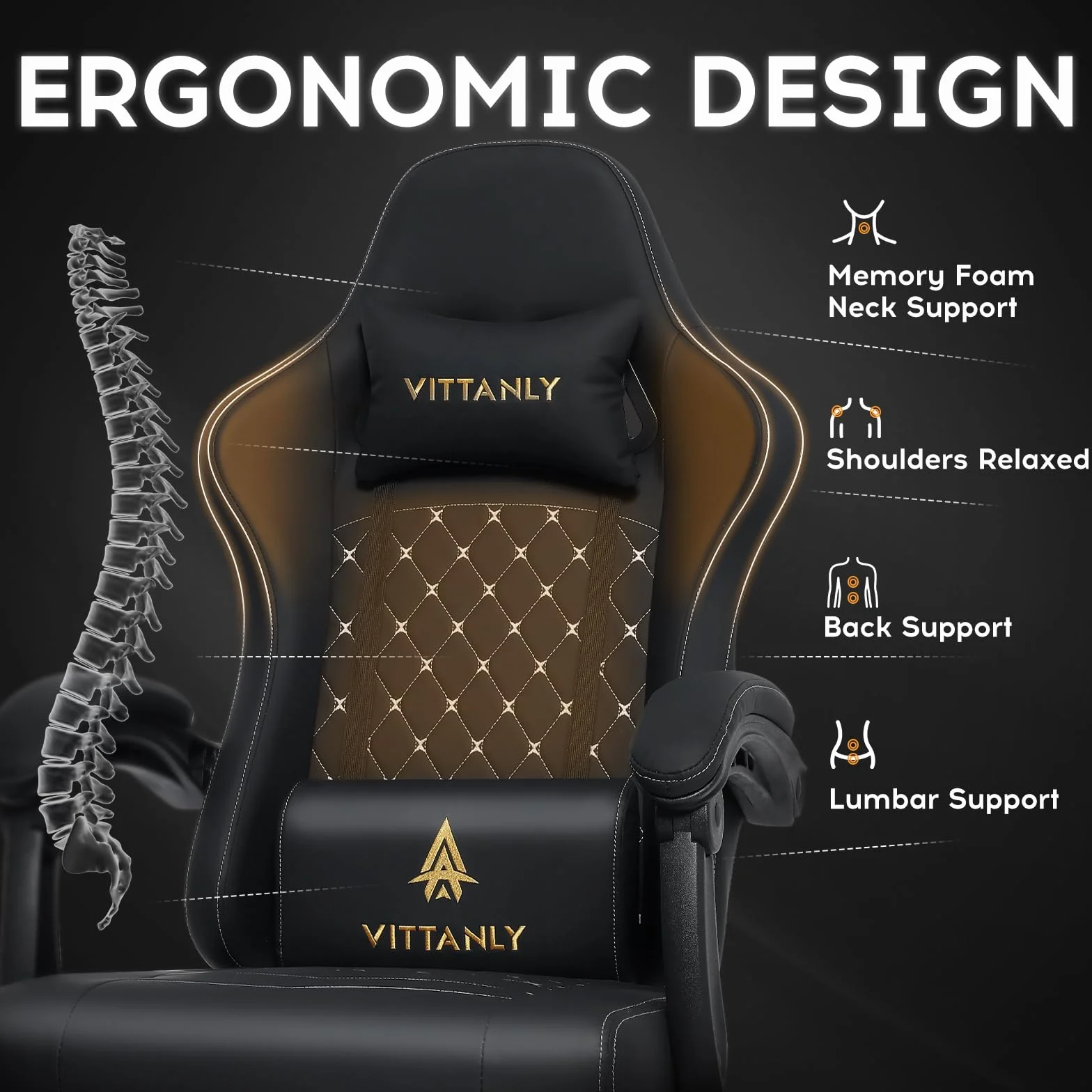 Vittanly Fotel gamingowy z poduszką wiosenną, ergonomiczny fotel gamingowy z zagłówkiem, poduszką lędźwiową i podnóżkiem, obrotowy fotel gamingowy z regulacją wysokości, 150 kg, czarny