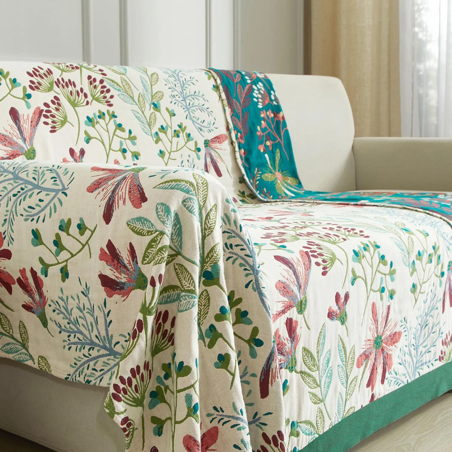 Bailix koc boho 100% bawełna 230 x 250 cm muślin frędzle dwustronny patchwork Zielony Beżowy