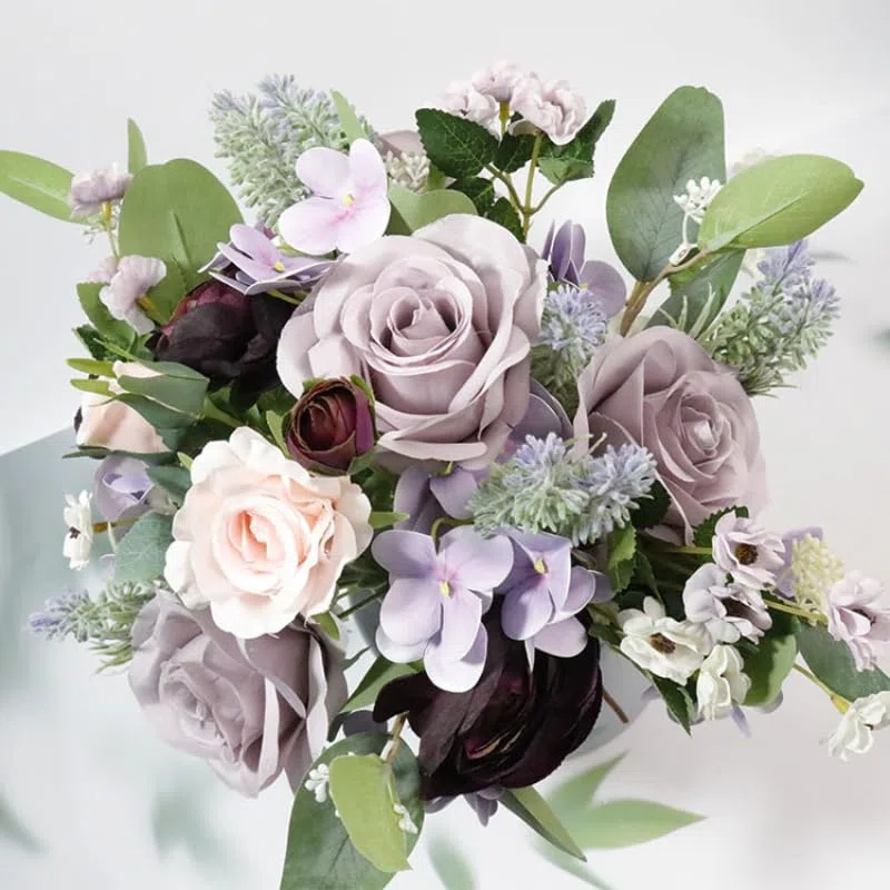 Fioletowy bukiet ślubny panny młodej druhny jedwabna wstążka róże sztuczne kwiaty trzymające panna młoda Mariage akcesoria ślubne dobrodziejstw (Color : Small style bouquet)