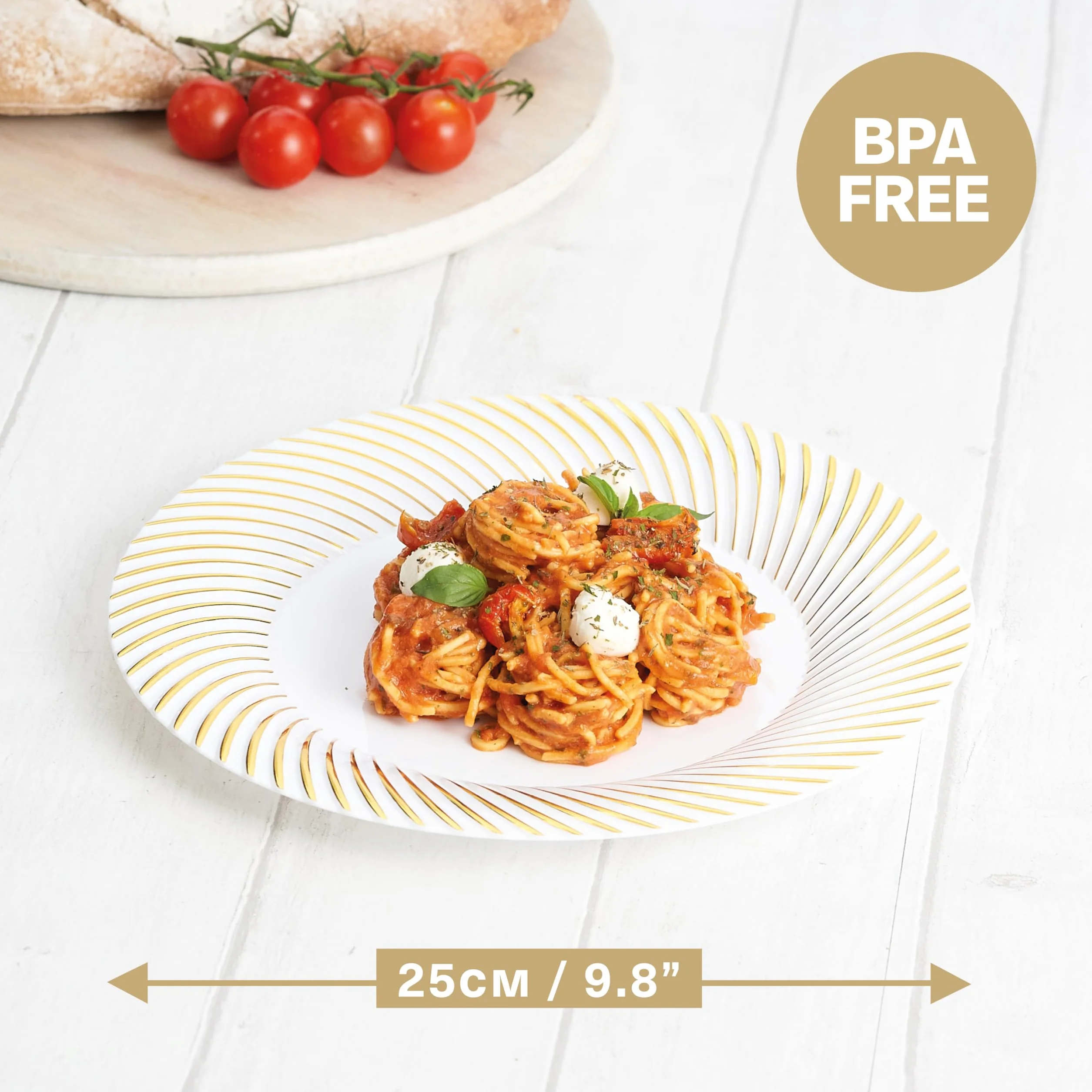 MATANA - 20 Wielokrotnego Użytku Plastikowych Talerzy z Złotym Brzegiem, 25 cm - Premium Talerze Obiadowe na Wesele, Urodziny, Imprezy