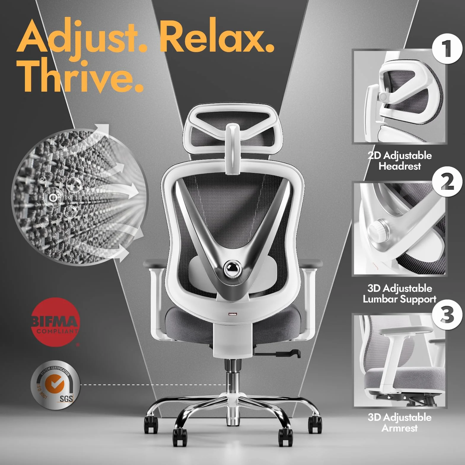 HOLLUDLE Ergonomiczne Krzesło Biurowe z Podparciem Lędźwiowym 3D Podłokietnikami 3D Białe